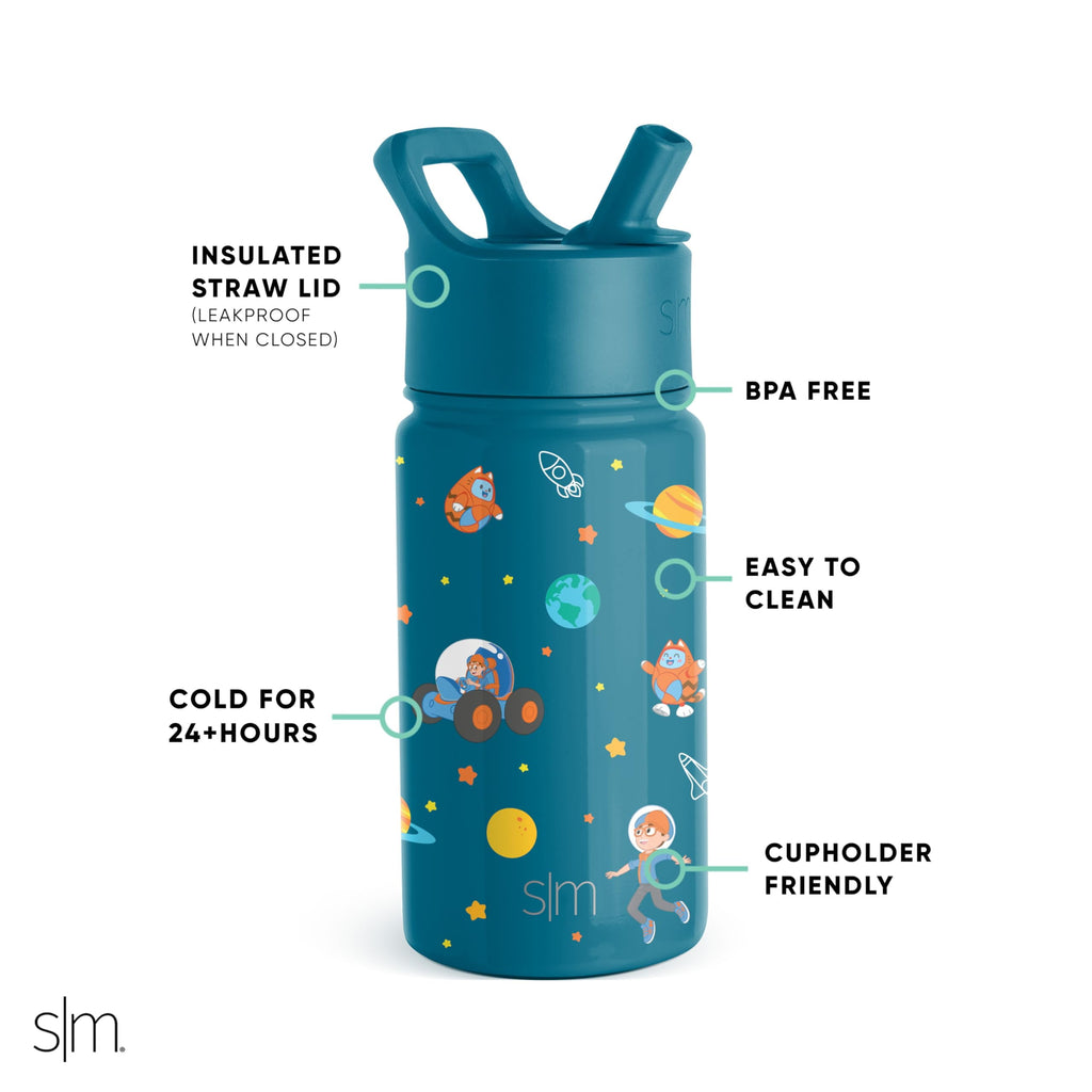 Simple Modern Blippi Kids Water Bottle with Straw Lid | Insulated Stainless Steel Reusable Tumbler for Toddlers, Girls | Summit Collection | 14oz, Blippi Space | USUJ