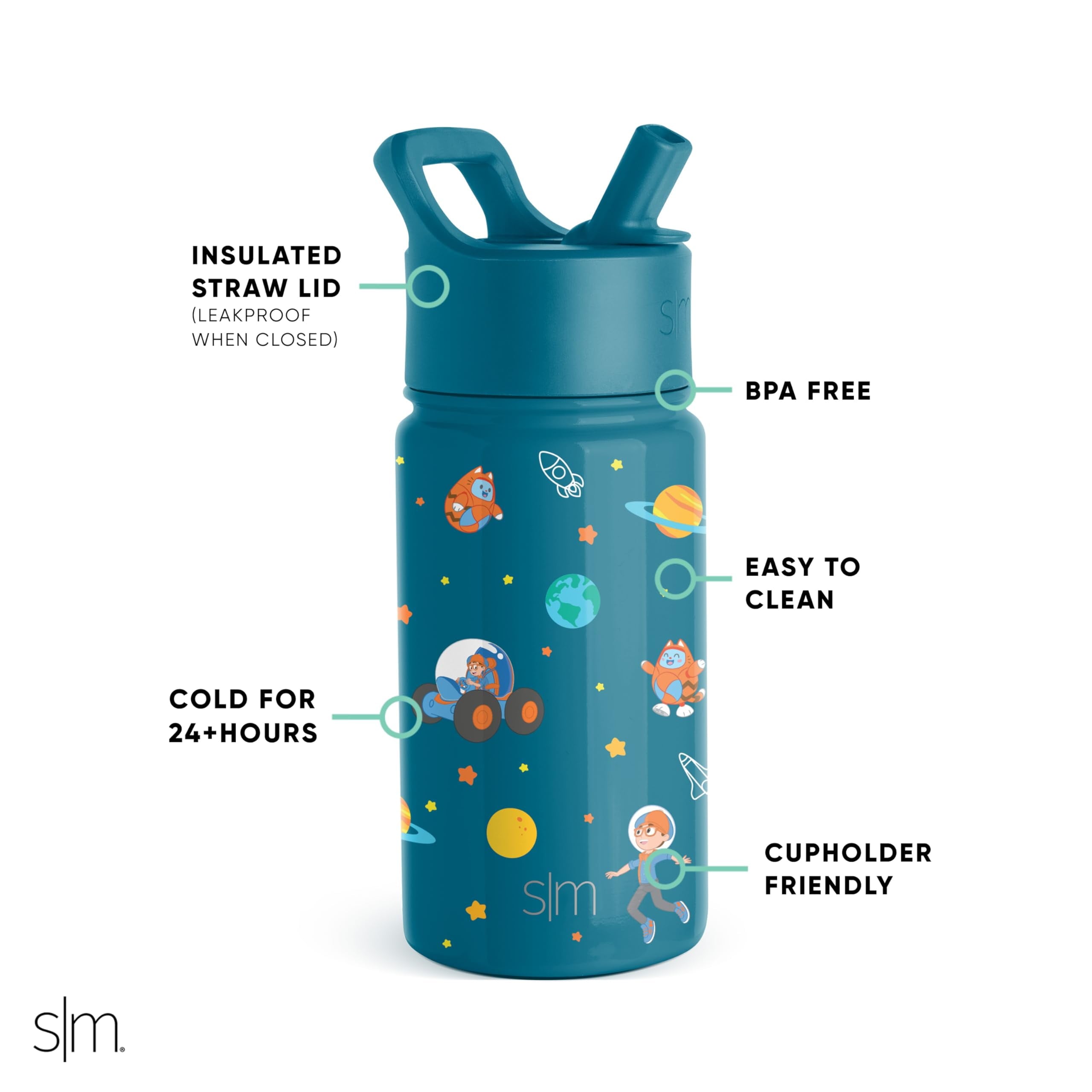 Simple Modern Blippi Kids Water Bottle with Straw Lid | Insulated Stainless Steel Reusable Tumbler for Toddlers, Girls | Summit Collection | 14oz, Blippi Space | USUJ