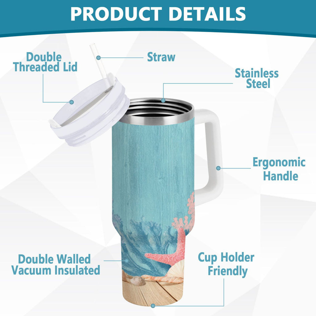 40 oz Insulated Stainless Steel Tumbler Double Wall Stainless Steel Tumbler with 2-Way Drinking Colorful Starfish and Seashells | V9JE