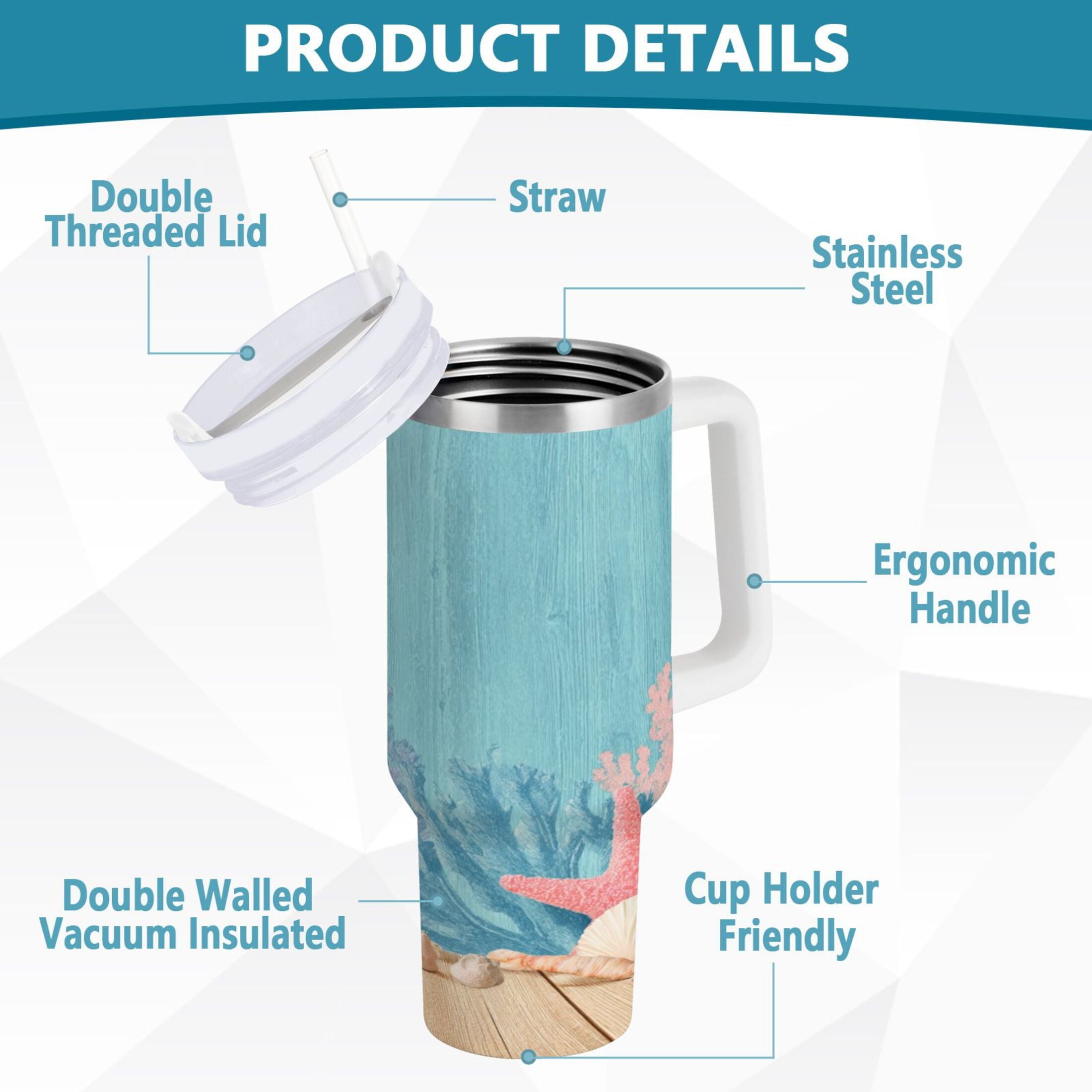 40 oz Insulated Stainless Steel Tumbler Double Wall Stainless Steel Tumbler with 2-Way Drinking Colorful Starfish and Seashells | V9JE