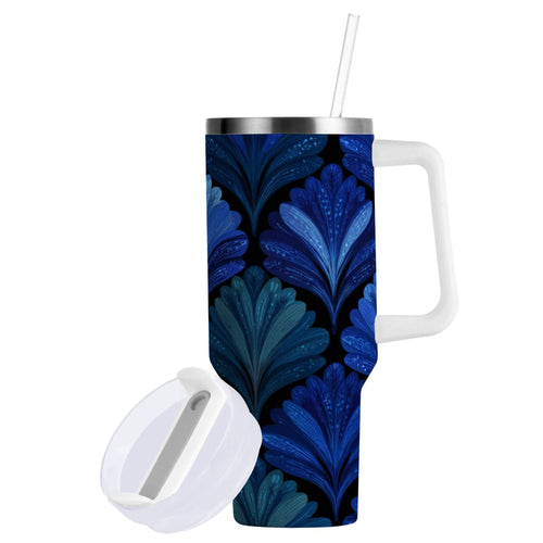 30 oz Insulated Stainless Steel Tumbler Double Wall Stainless Steel Tumbler with 2-Way Drinking Blue Batik Leaves Pattern | JMRV