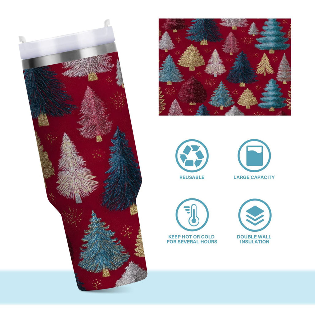30 oz Insulated Stainless Steel Tumbler Double Wall Stainless Steel Tumbler with 2-Way Drinking Stylized Christmas Trees | UQTB