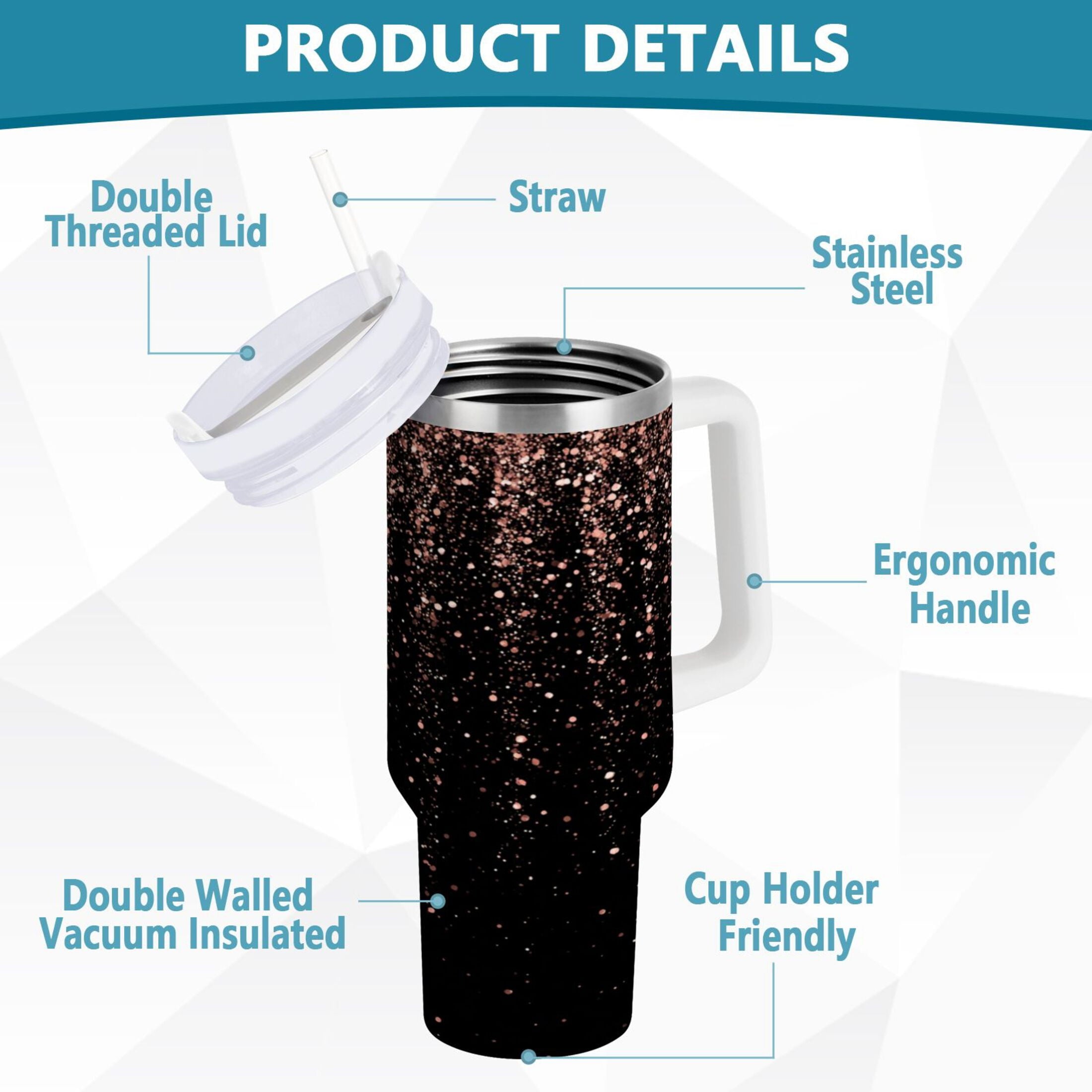 40 oz Insulated Stainless Steel Tumbler Double Wall Stainless Steel Tumbler with 2-Way Drinking Rose Gold Glitter | 6H6E