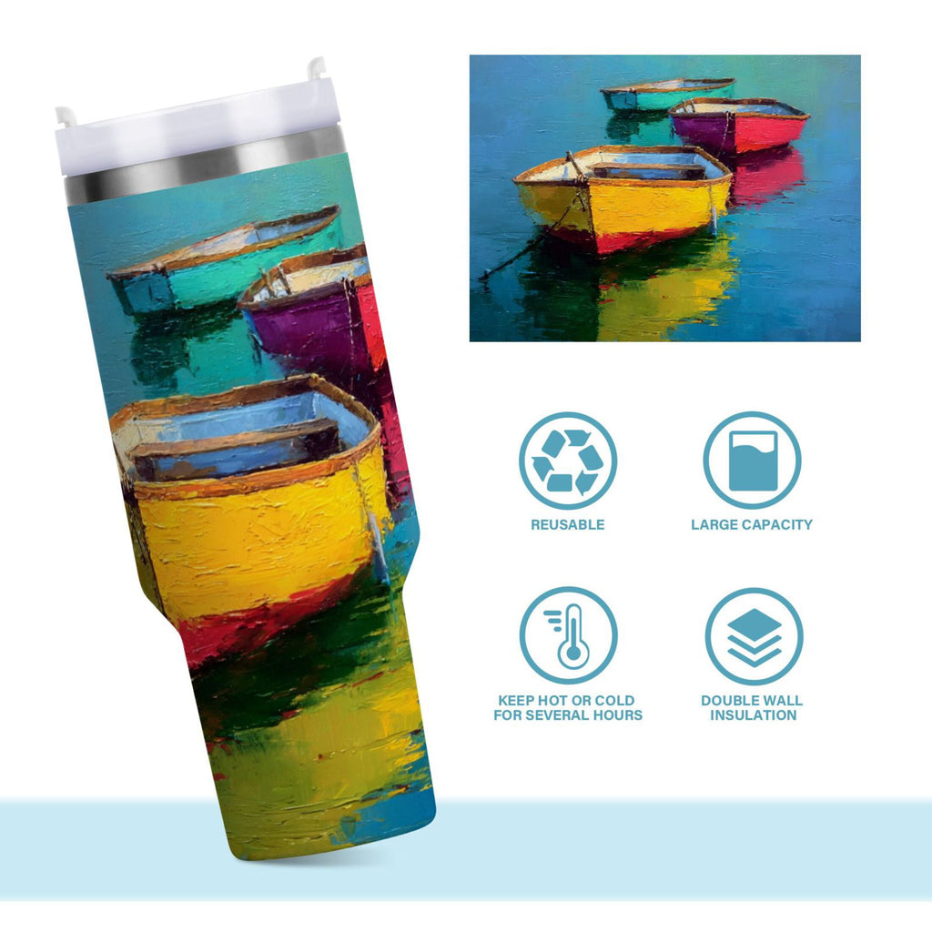 30 oz Insulated Stainless Steel Tumbler Double Wall Stainless Steel Tumbler with 2-Way Drinking Colorful Row Boats | LKCM