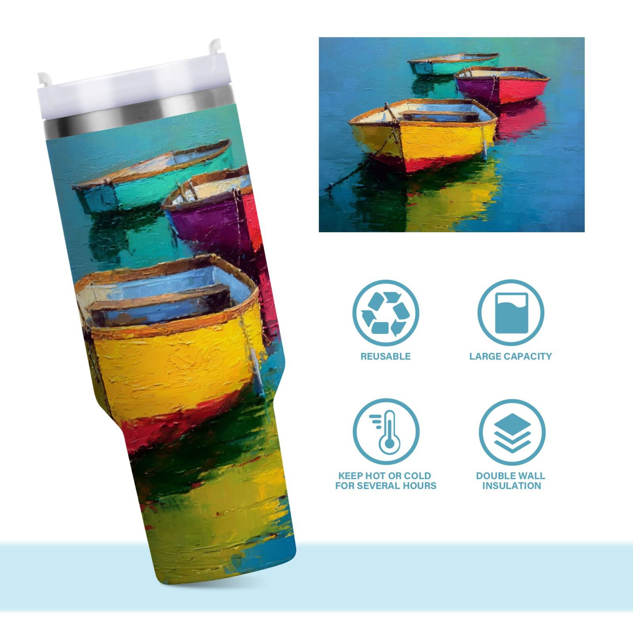30 oz Insulated Stainless Steel Tumbler Double Wall Stainless Steel Tumbler with 2-Way Drinking Colorful Row Boats | LKCM