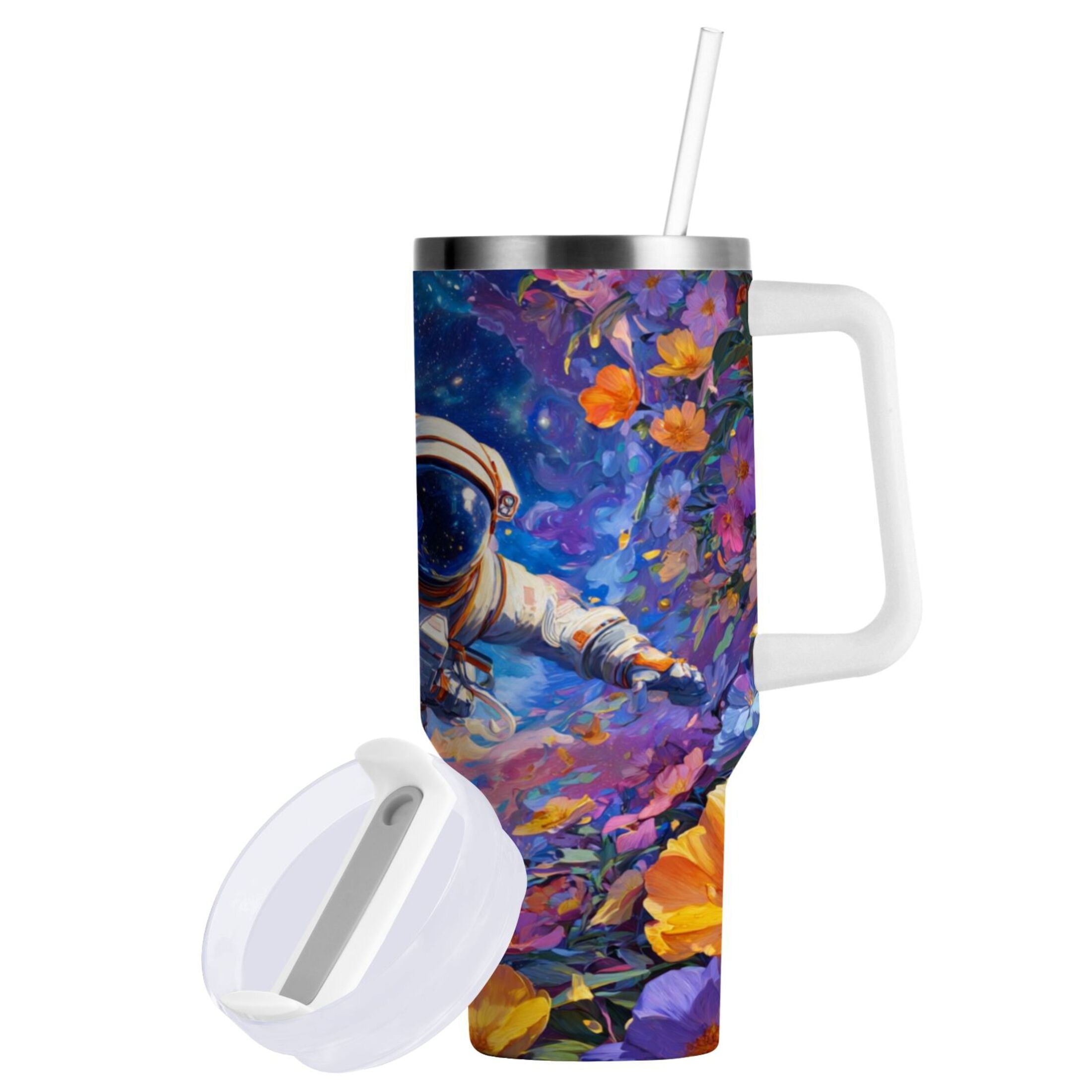 40 oz Insulated Stainless Steel Tumbler Double Wall Stainless Steel Tumbler with 2-Way Drinking Astronaut and Colorful Flowers | VJQ7