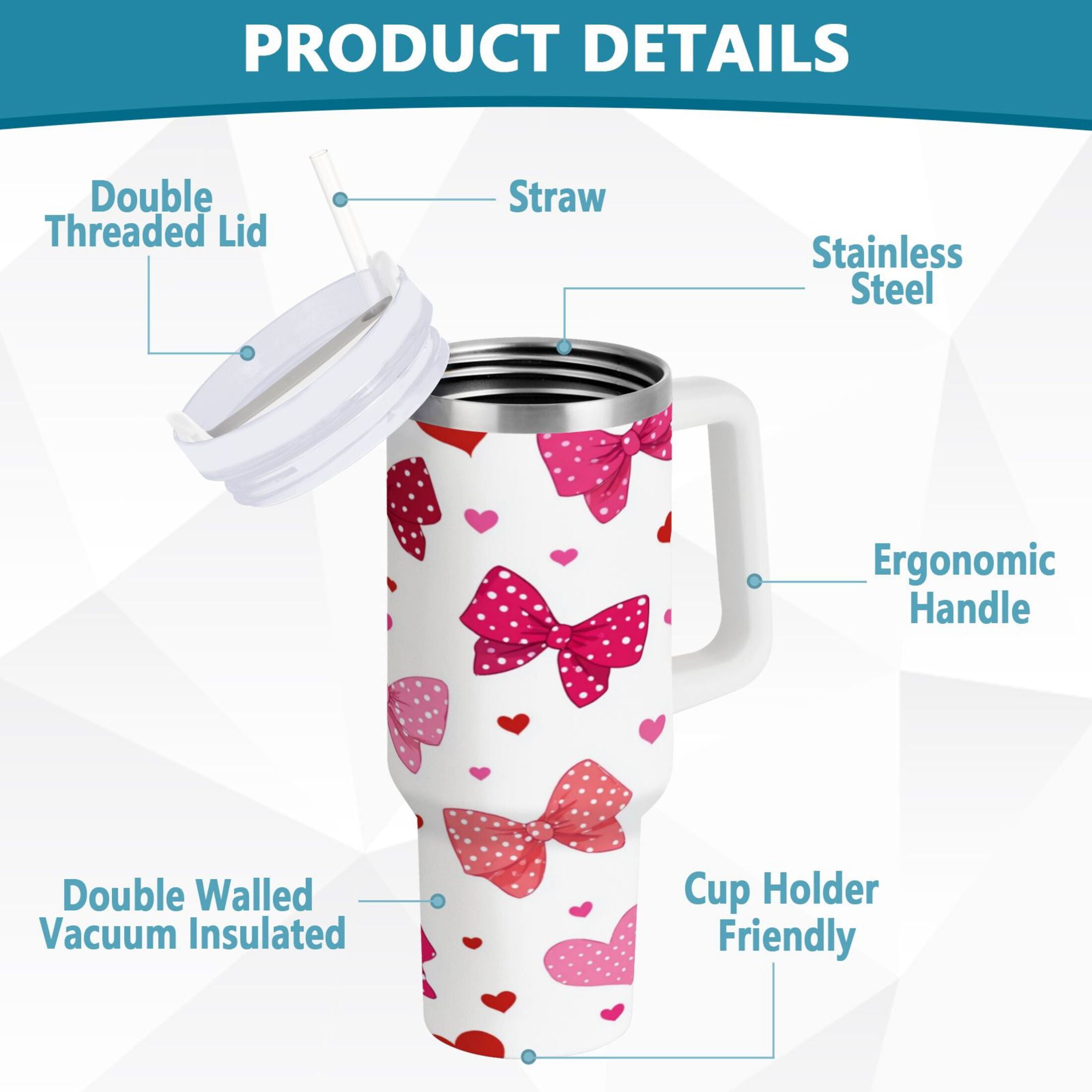 30 oz Insulated Stainless Steel Tumbler Double Wall Stainless Steel Tumbler with 2-Way Drinking Red and Pink Bows | EVC2