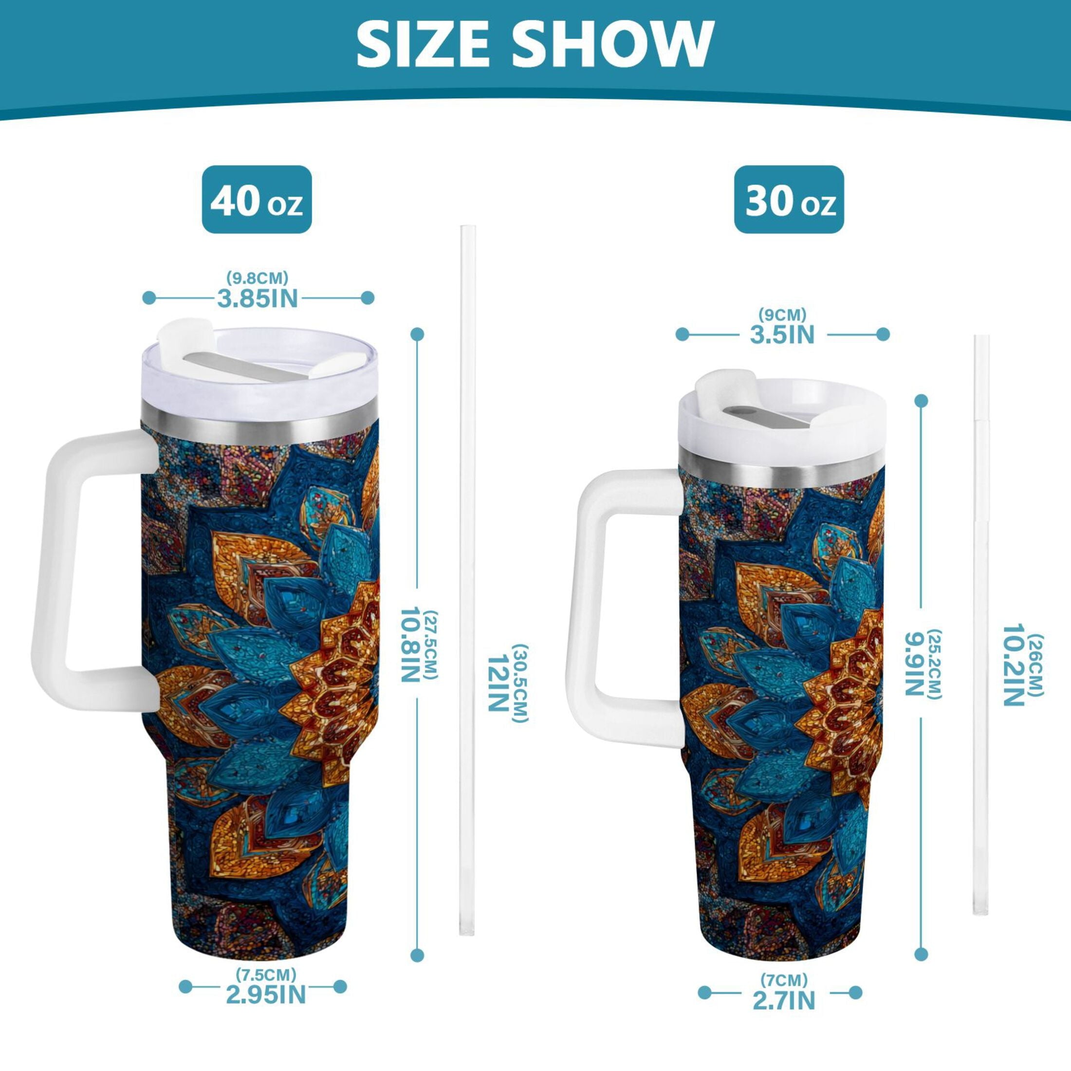 40 oz Insulated Stainless Steel Tumbler Double Wall Stainless Steel Tumbler with 2-Way Drinking Intricate Geometric Shapes | PH94
