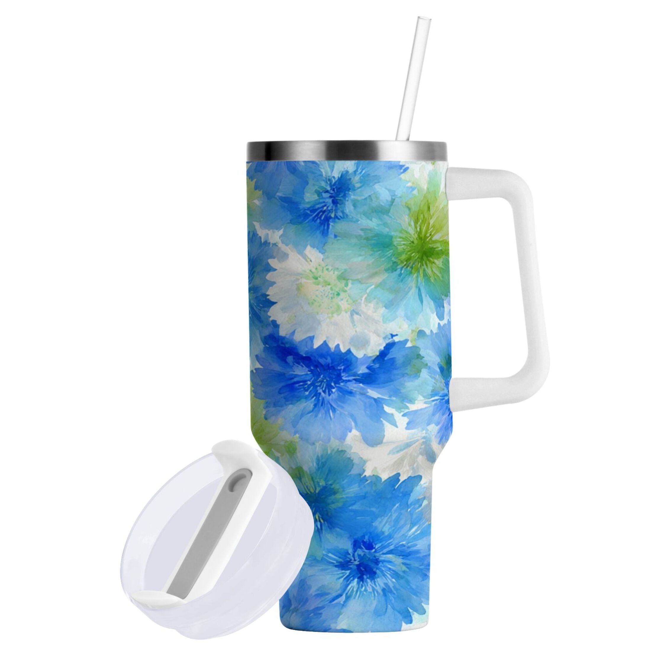 40 oz Insulated Stainless Steel Tumbler Double Wall Stainless Steel Tumbler with 2-Way Drinking Watercolor Blue Cornflowers | EL8K
