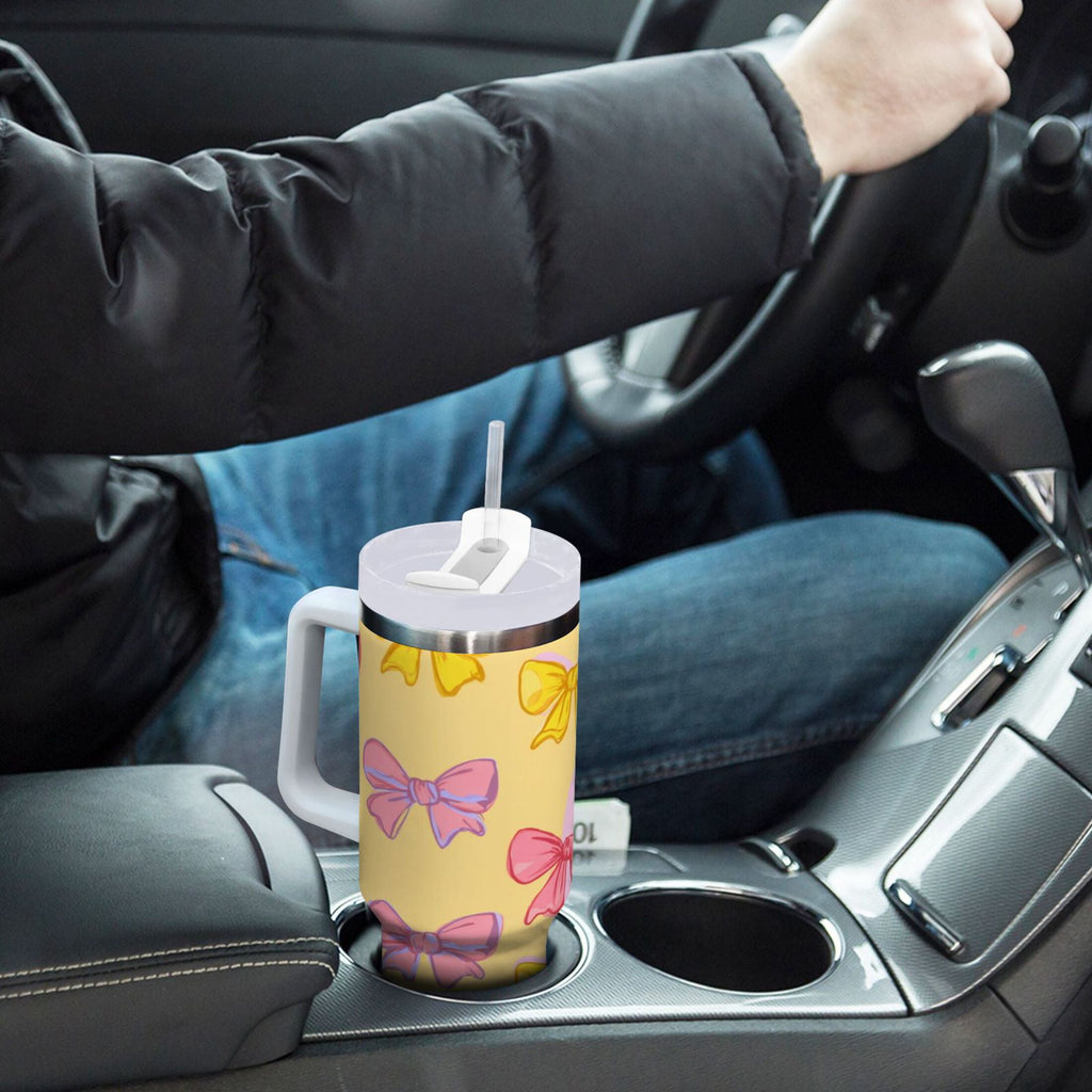 30 oz Insulated Stainless Steel Tumbler Double Wall Stainless Steel Tumbler with 2-Way Drinking Yellow and Pink Bows | I2W4