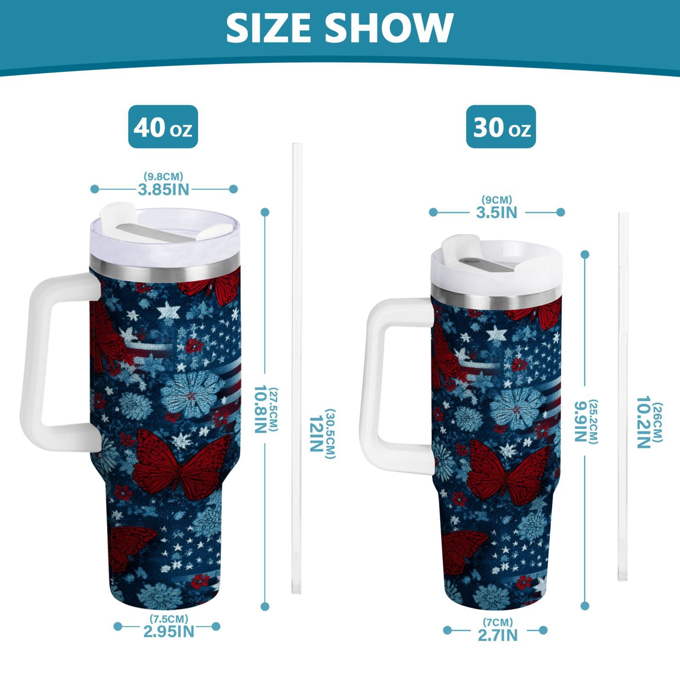 30 oz Insulated Stainless Steel Tumbler Double Wall Stainless Steel Tumbler with 2-Way Drinking Red Butterflies and Flags | PY3J