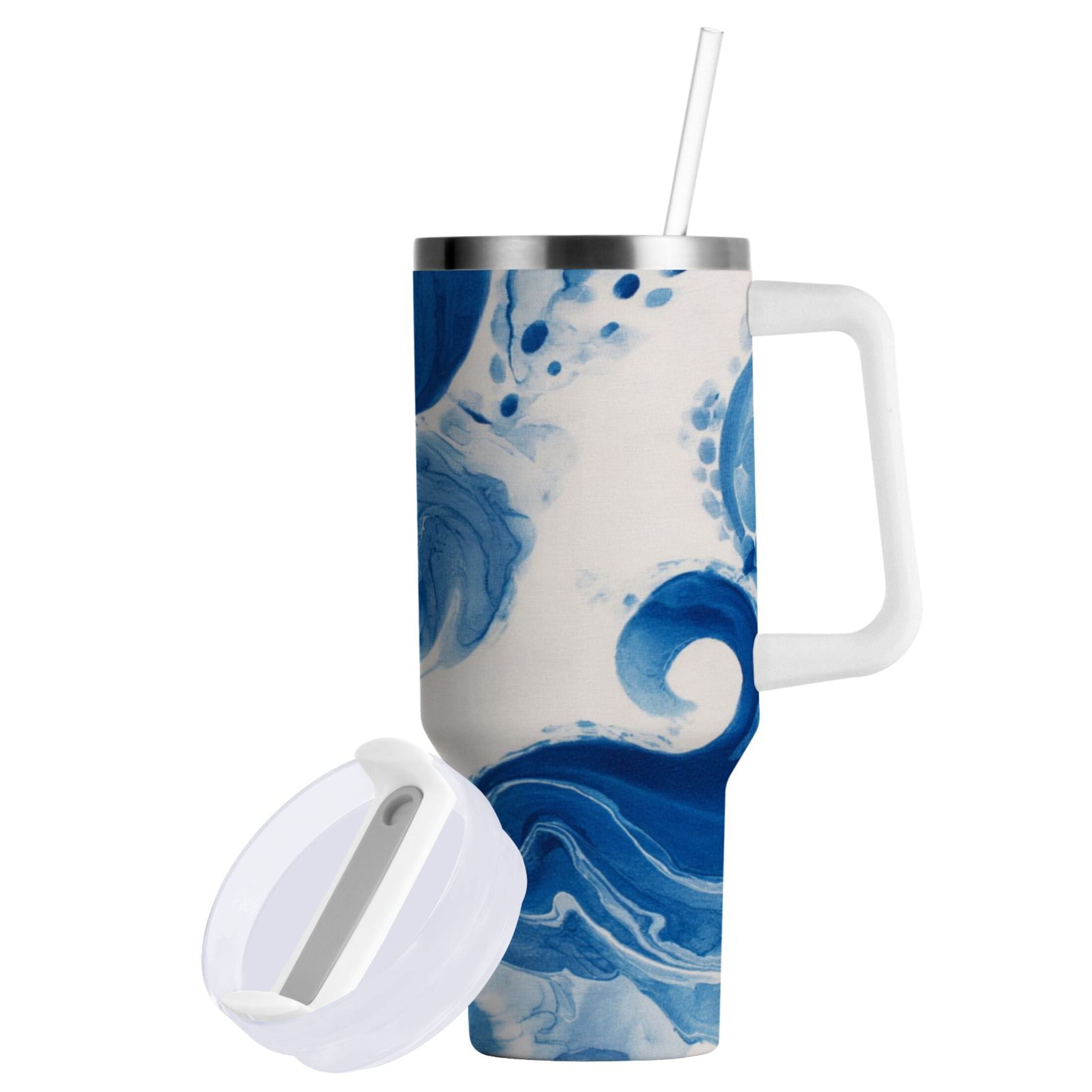 40 oz Insulated Stainless Steel Tumbler Double Wall Stainless Steel Tumbler with 2-Way Drinking Indigo Blue Tie-dye Pattern | 5HOA
