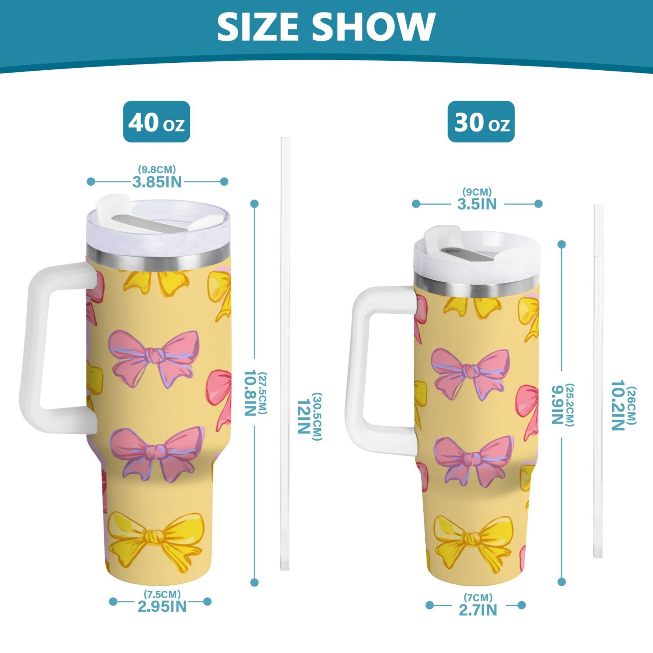 30 oz Insulated Stainless Steel Tumbler Double Wall Stainless Steel Tumbler with 2-Way Drinking Yellow and Pink Bows | I2W4
