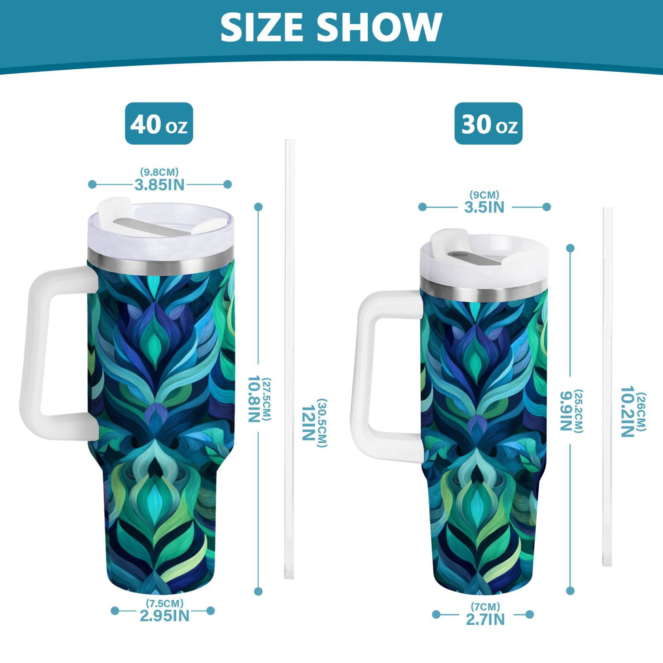 40 oz Insulated Stainless Steel Tumbler Double Wall Stainless Steel Tumbler with 2-Way Drinking Elegant Blue Abstract Shapes | LV9J