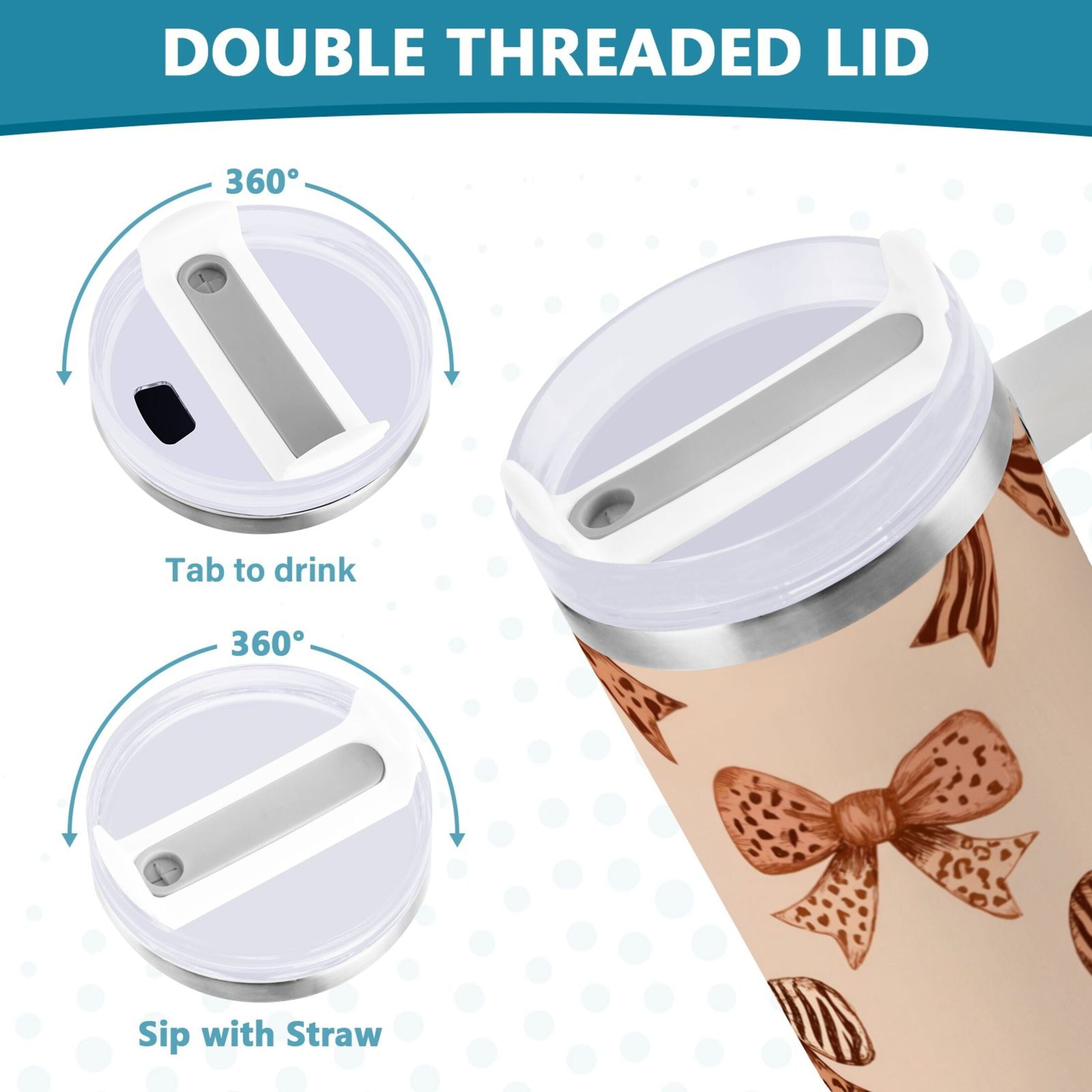 40 oz Insulated Stainless Steel Tumbler Double Wall Stainless Steel Tumbler with 2-Way Drinking Leopard Print Bow | FWQJ