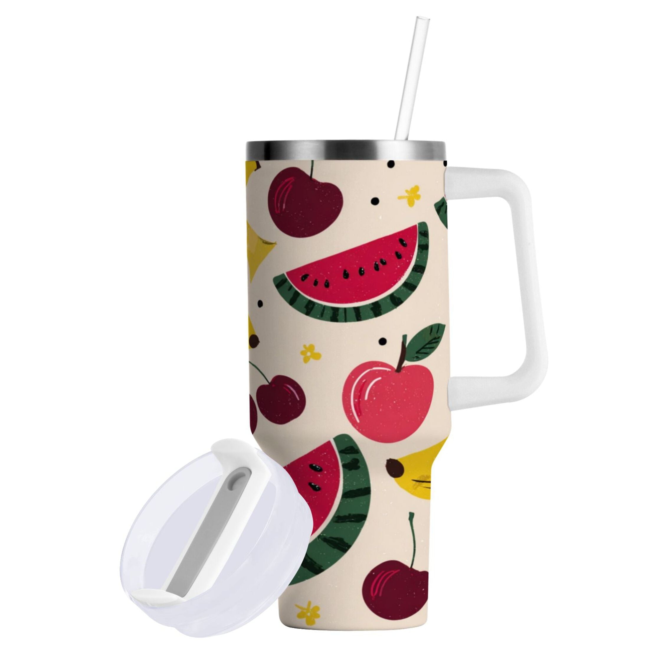 30 oz Insulated Stainless Steel Tumbler Double Wall Stainless Steel Tumbler with 2-Way Drinking Watermelon and Cherries | AMS2