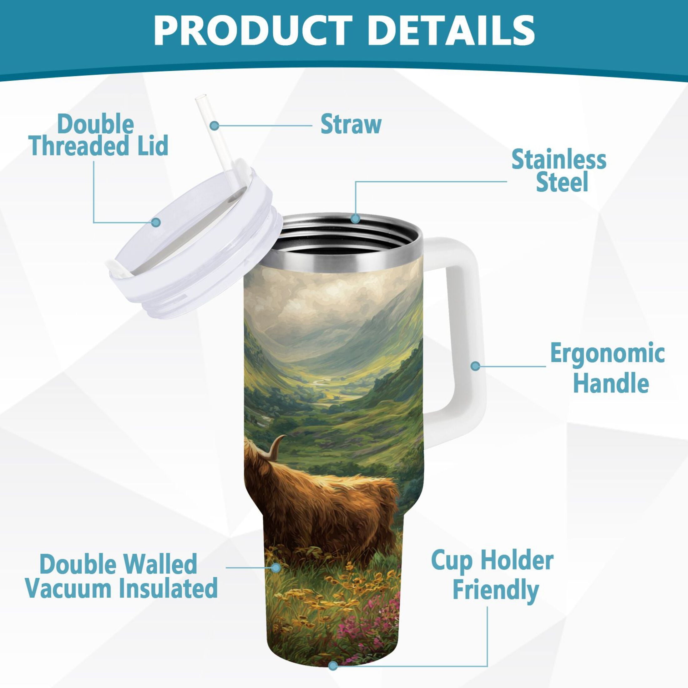 30 oz Insulated Stainless Steel Tumbler Double Wall Stainless Steel Tumbler with 2-Way Drinking Cow in Green Rolling Hills | 1E4U