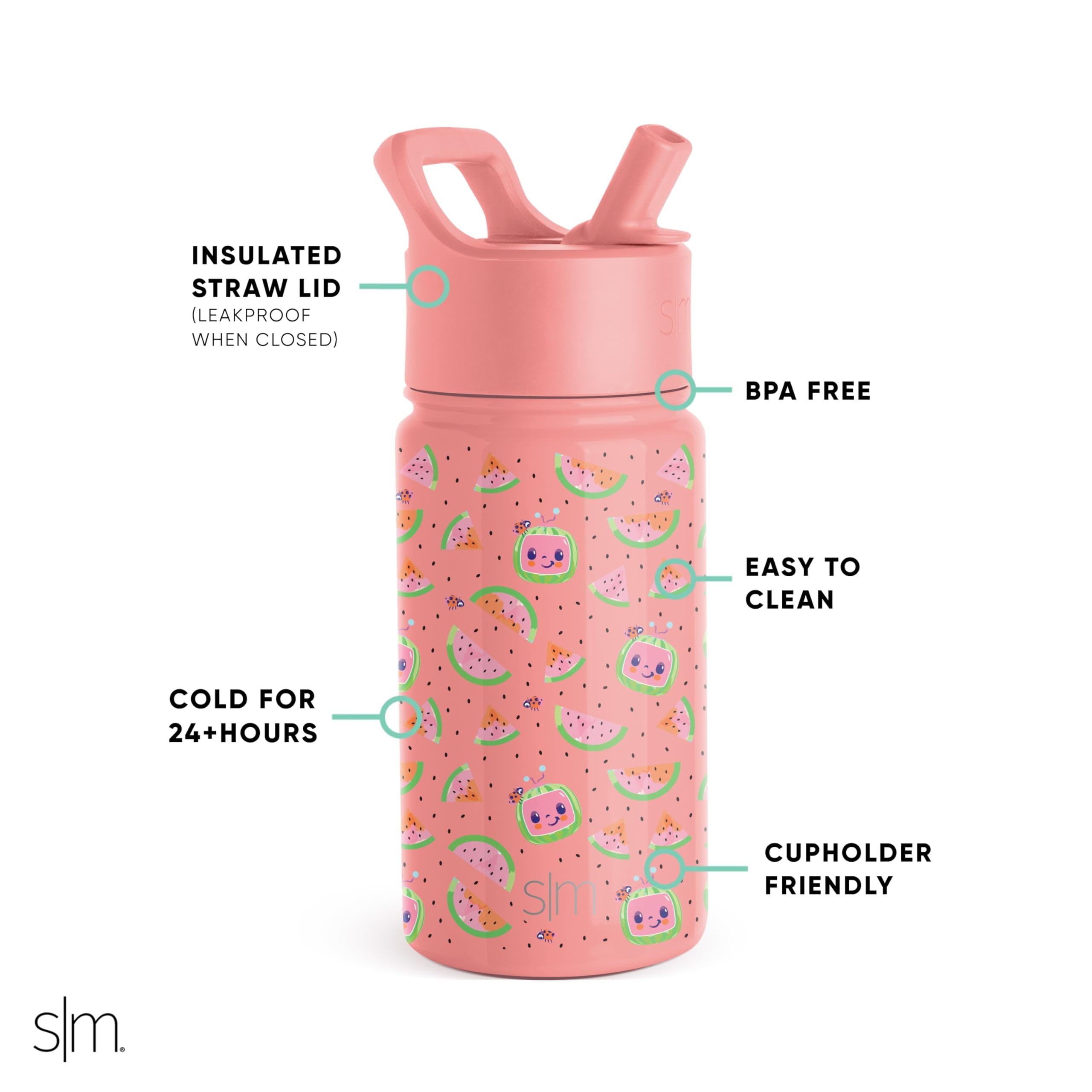 Simple Modern CoComelon Kids Water Bottle with Straw Lid | Insulated Stainless Steel Reusable Tumbler for Toddlers, Girls | Summit Collection | 14oz, CoComelon Pink Melon | I5FC