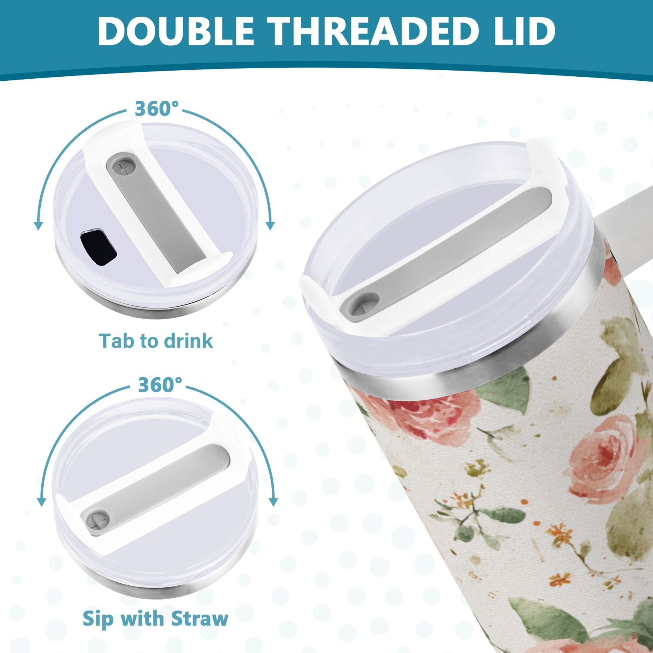 40 oz Insulated Stainless Steel Tumbler Double Wall Stainless Steel Tumbler with 2-Way Drinking Watercolor Rose Floral Pattern | OK57