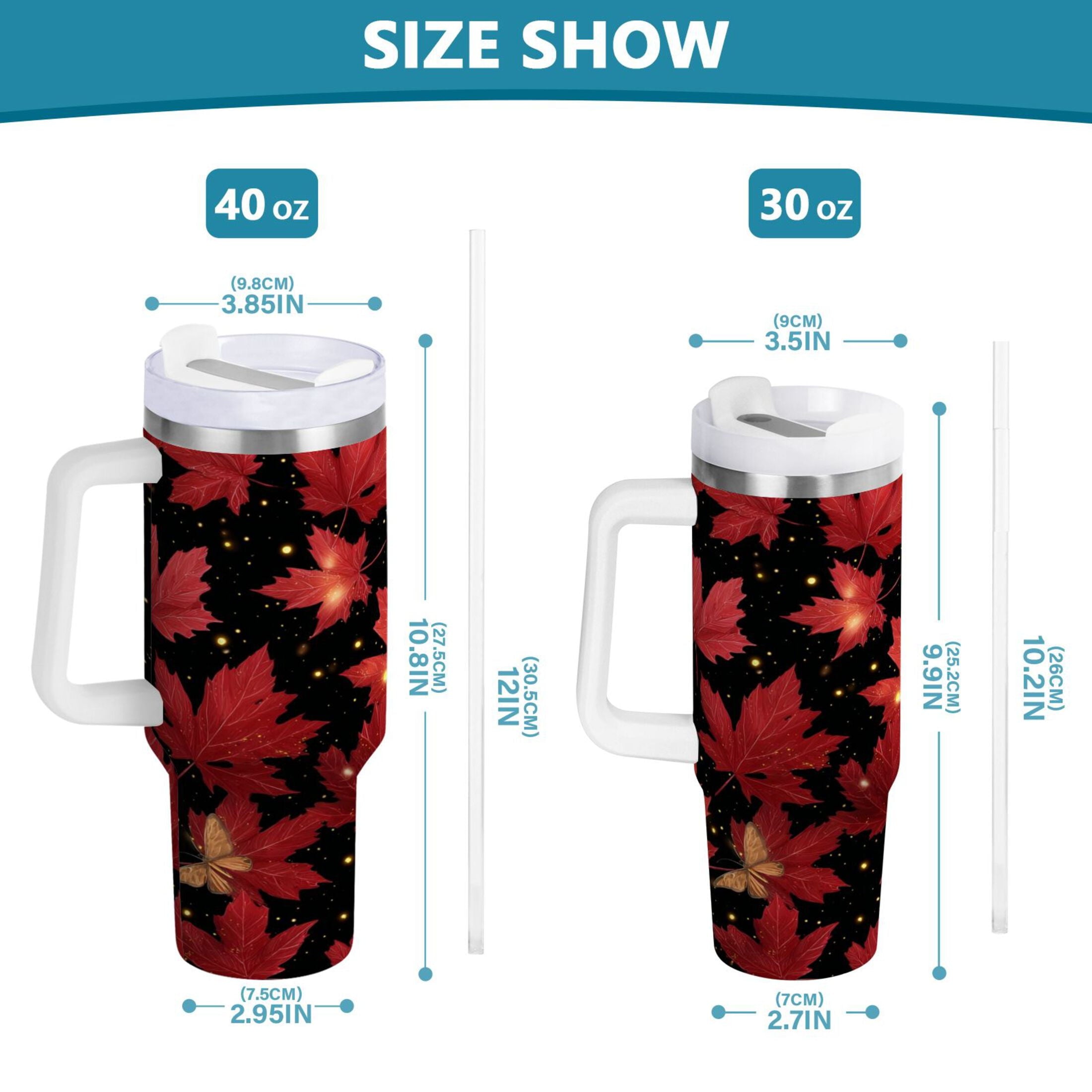 40 oz Insulated Stainless Steel Tumbler Double Wall Stainless Steel Tumbler with 2-Way Drinking Maple Leaves and Fireflies | P3ED