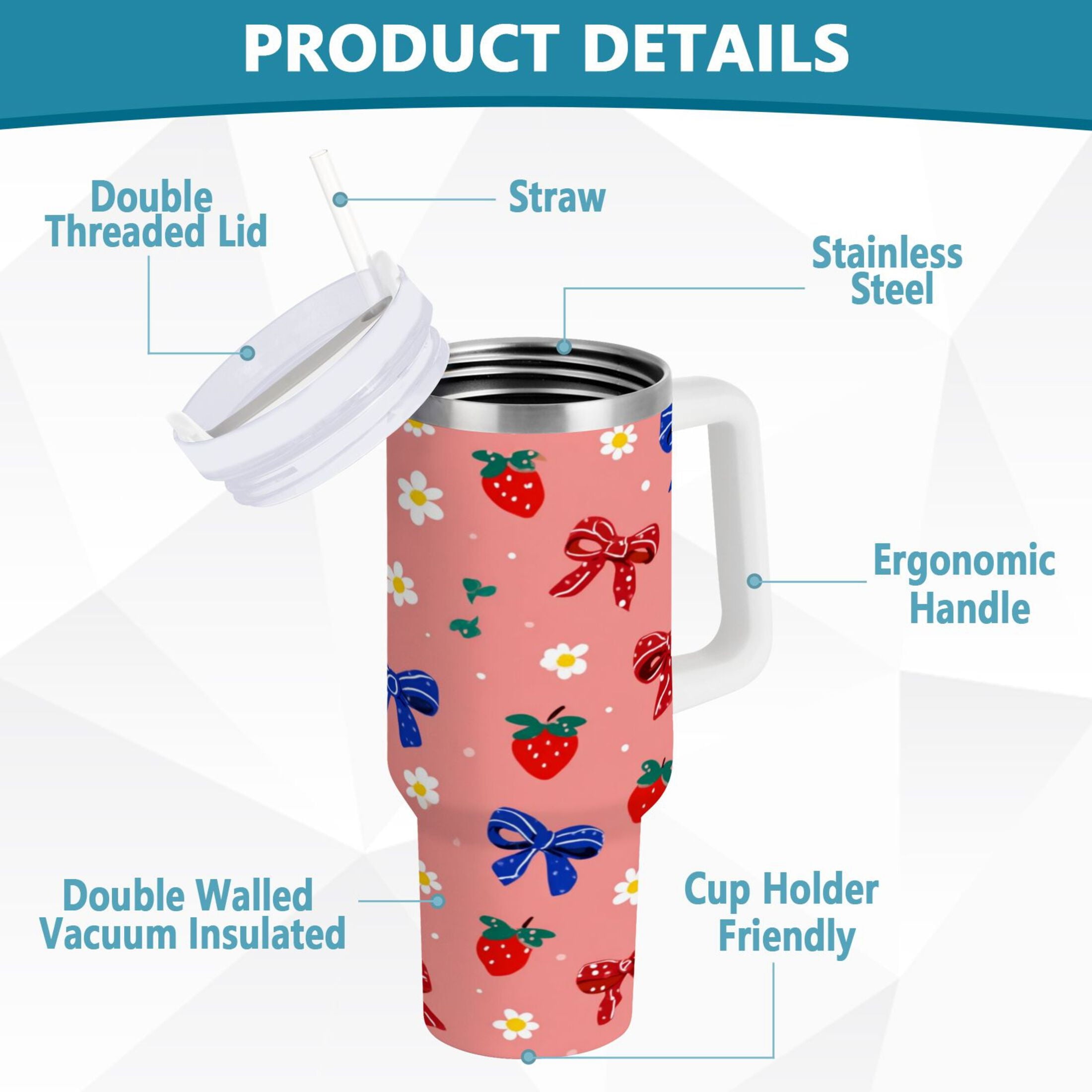 40 oz Insulated Stainless Steel Tumbler Double Wall Stainless Steel Tumbler with 2-Way Drinking Bows and Strawberries Pattern | 2KSY
