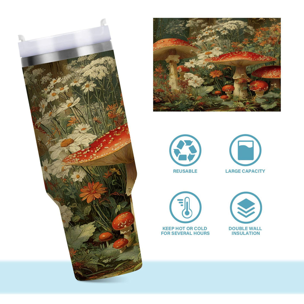 40 oz Insulated Stainless Steel Tumbler Double Wall Stainless Steel Tumbler with 2-Way Drinking Red Mushrooms | LCVZ