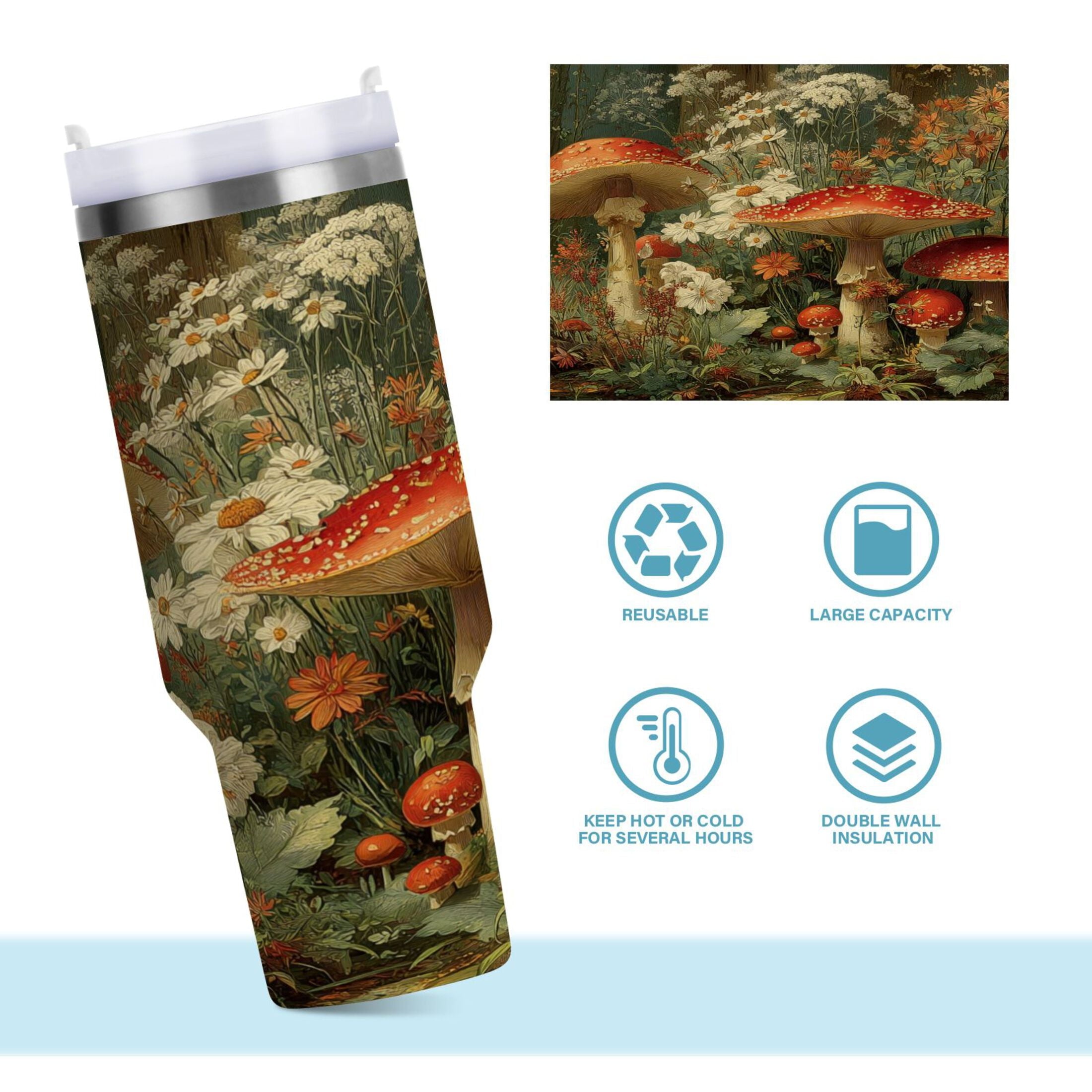 40 oz Insulated Stainless Steel Tumbler Double Wall Stainless Steel Tumbler with 2-Way Drinking Red Mushrooms | LCVZ