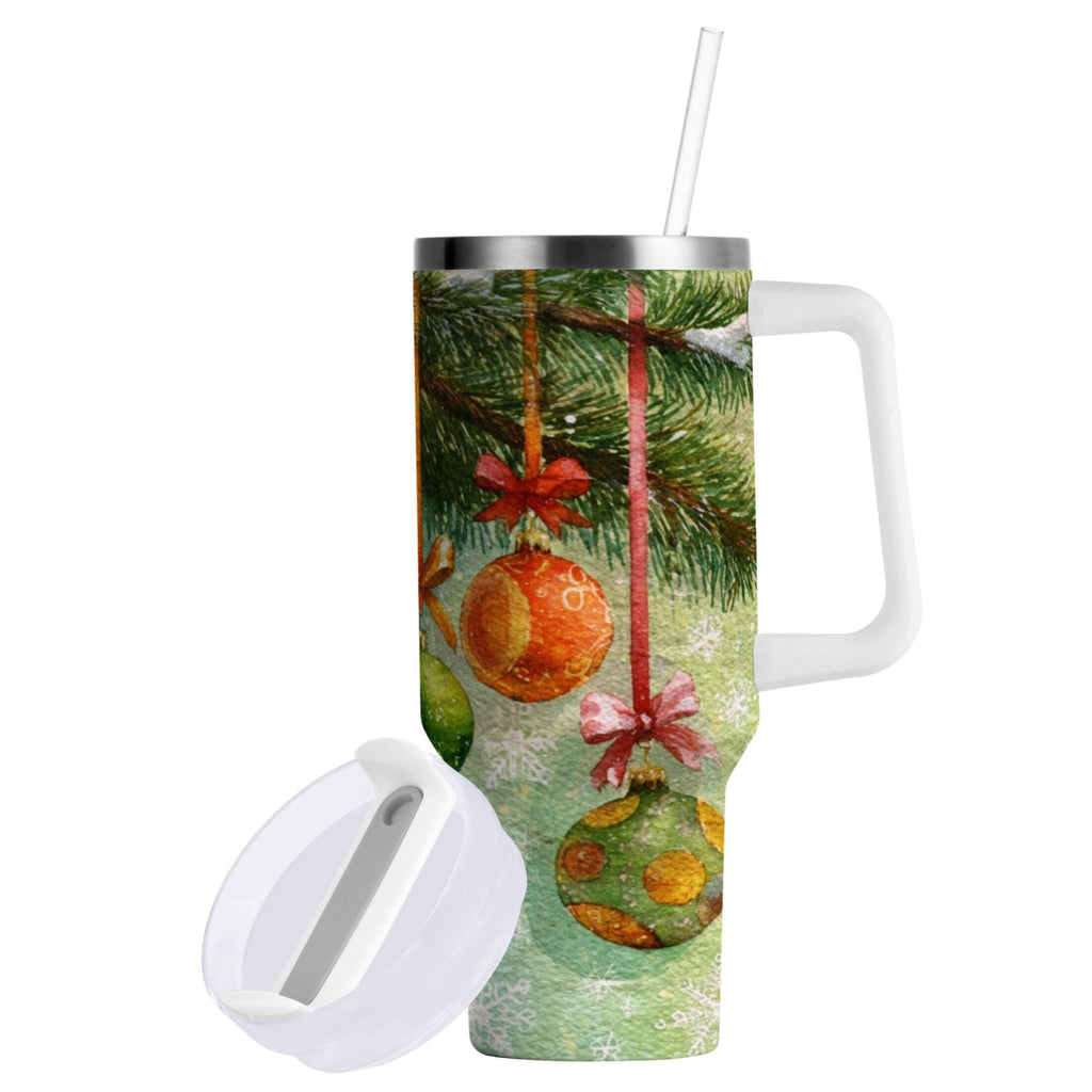 30 oz Insulated Stainless Steel Tumbler Double Wall Stainless Steel Tumbler with 2-Way Drinking Christmas Ornaments Watercolor Painting | I7RC