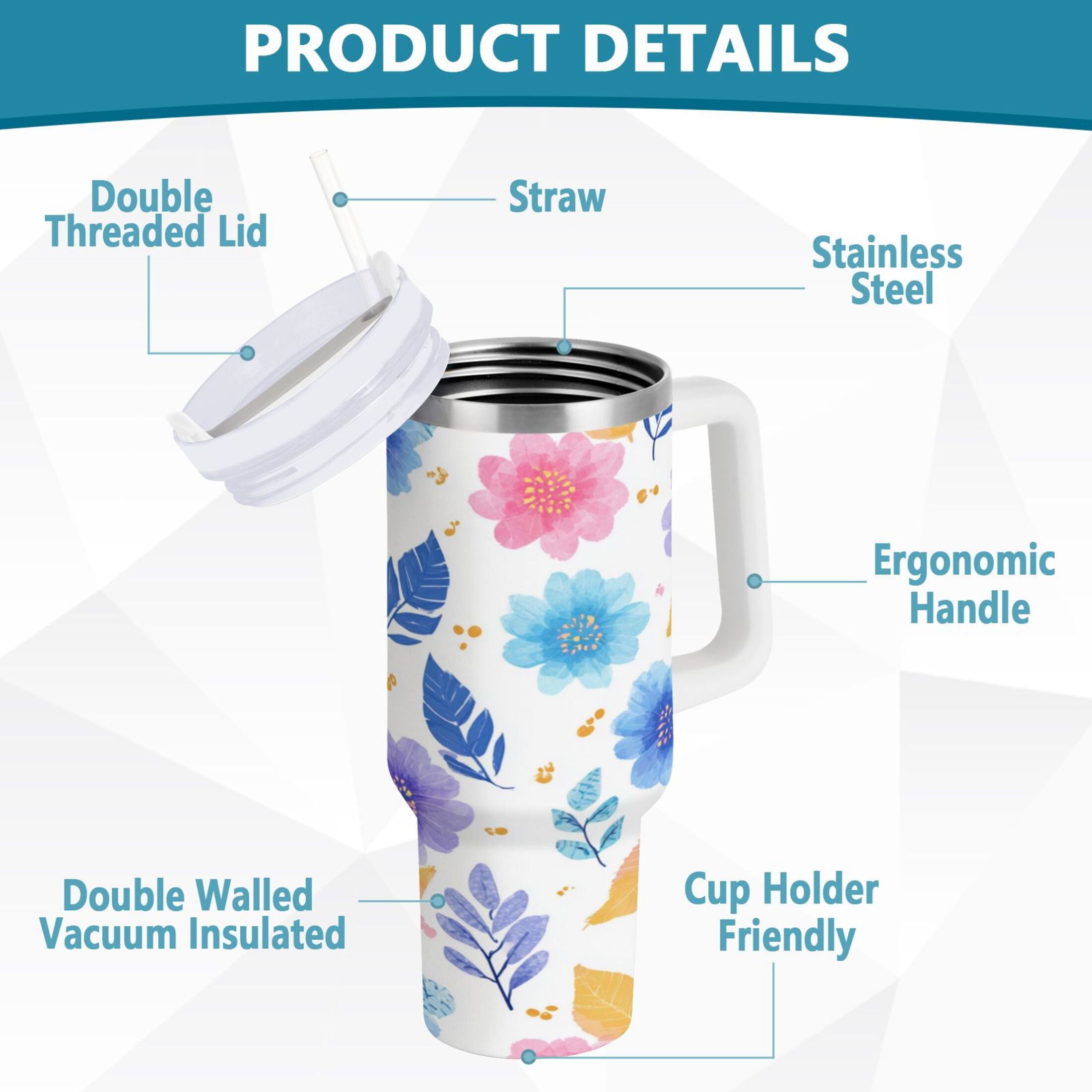 30 oz Insulated Stainless Steel Tumbler Double Wall Stainless Steel Tumbler with 2-Way Drinking Blue and Purple Flowers | HBCZ