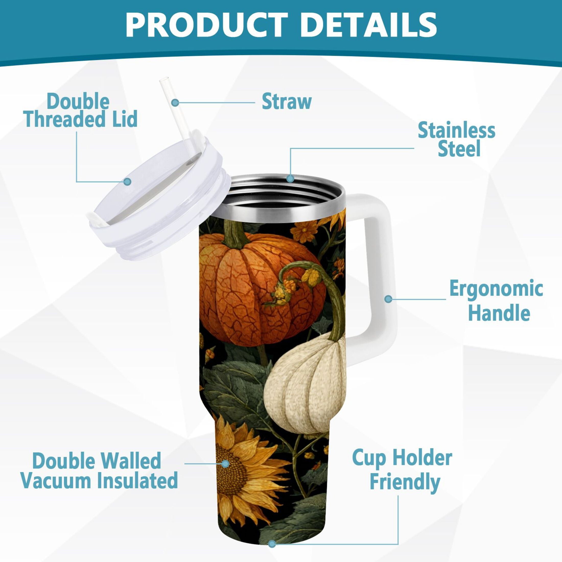 40 oz Insulated Stainless Steel Tumbler Double Wall Stainless Steel Tumbler with 2-Way Drinking Pumpkins and Sunflowers Pattern | TB11