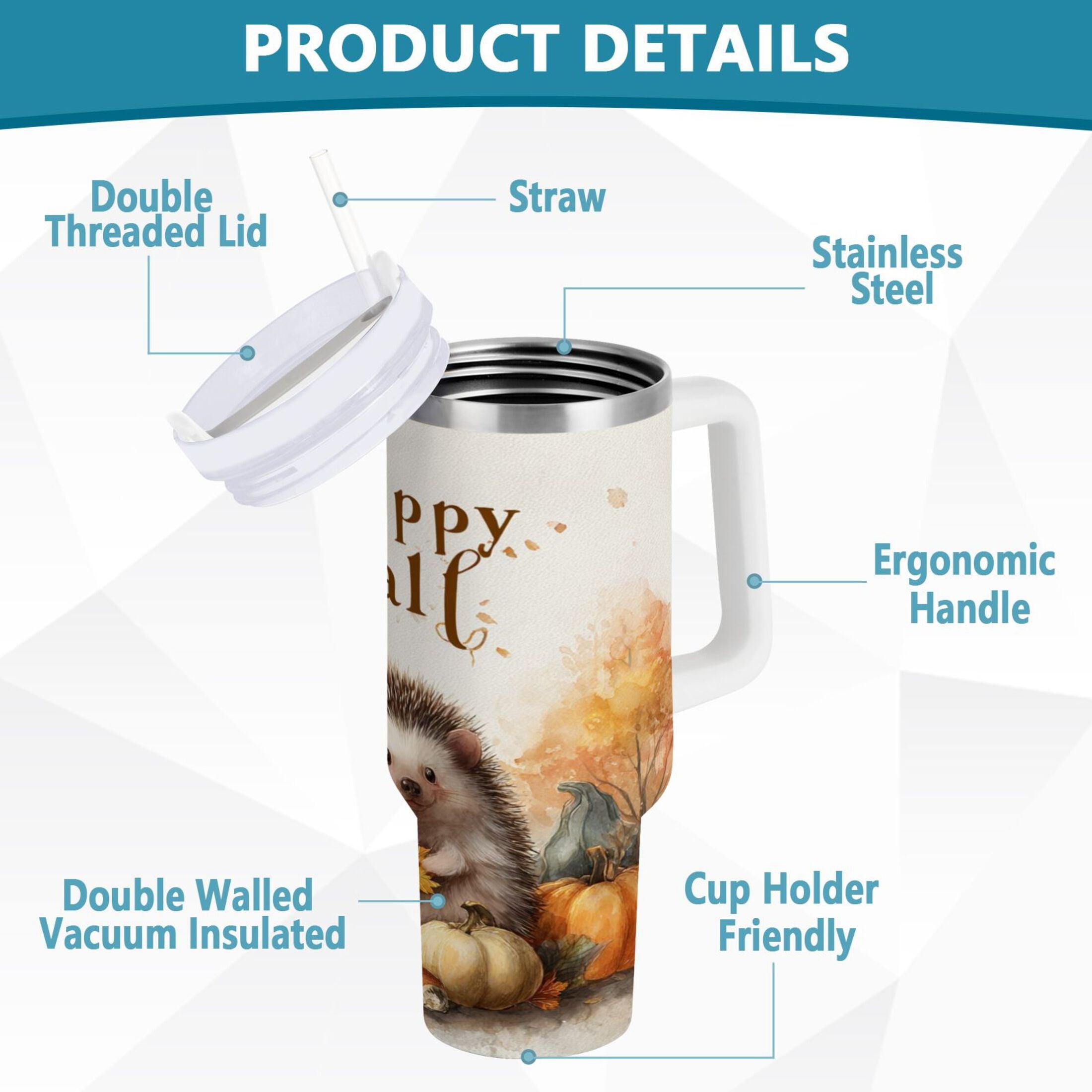 30 oz Insulated Stainless Steel Tumbler Double Wall Stainless Steel Tumbler with 2-Way Drinking Cute Little Hedgehog | EEQE