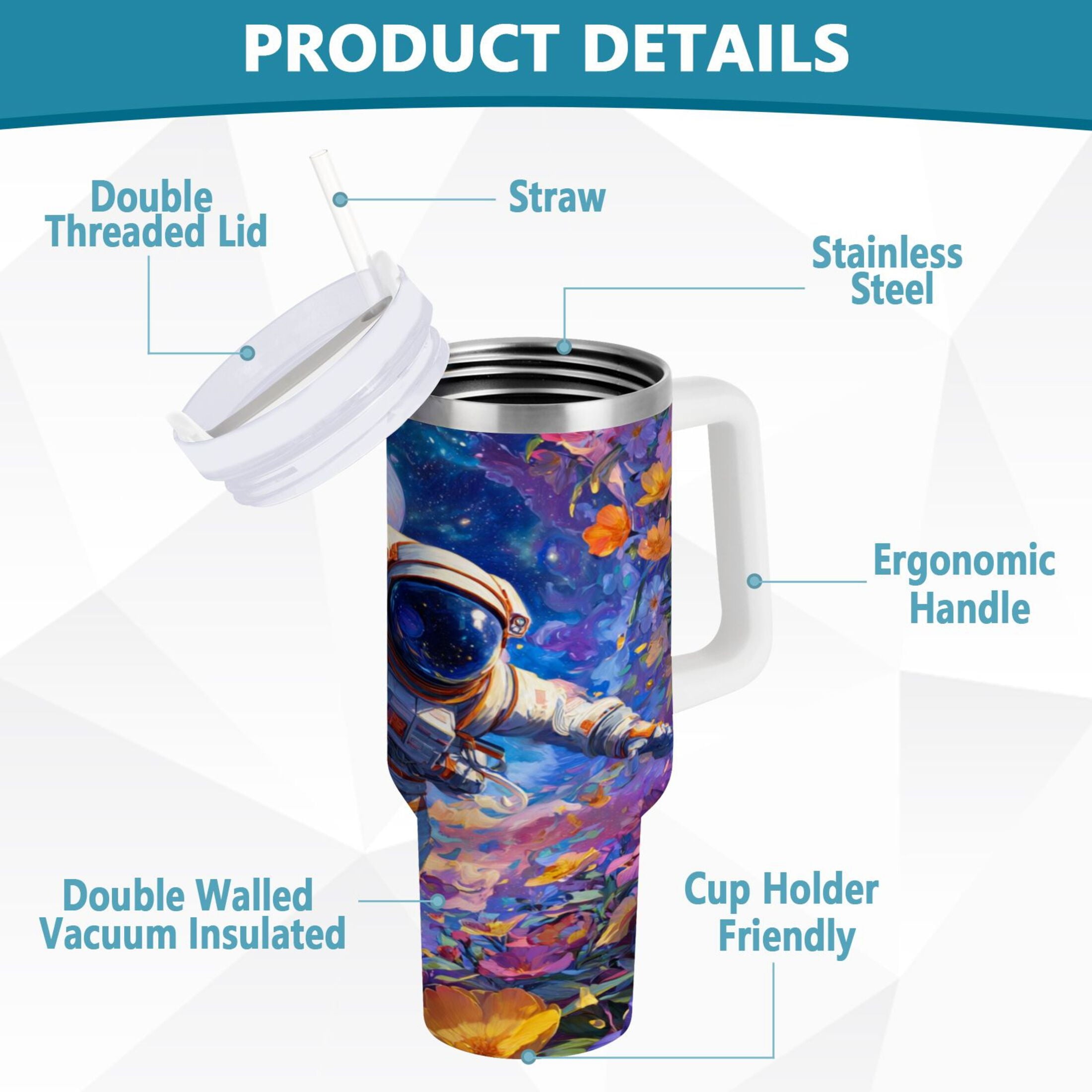 40 oz Insulated Stainless Steel Tumbler Double Wall Stainless Steel Tumbler with 2-Way Drinking Astronaut and Colorful Flowers | VJQ7