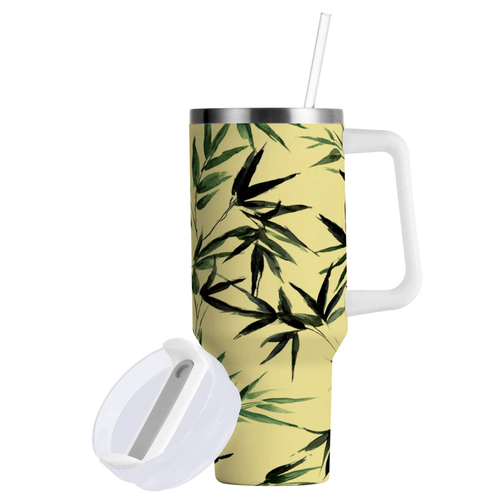 30 oz Insulated Stainless Steel Tumbler Double Wall Stainless Steel Tumbler with 2-Way Drinking Bamboo and Green Leaves | 90ND