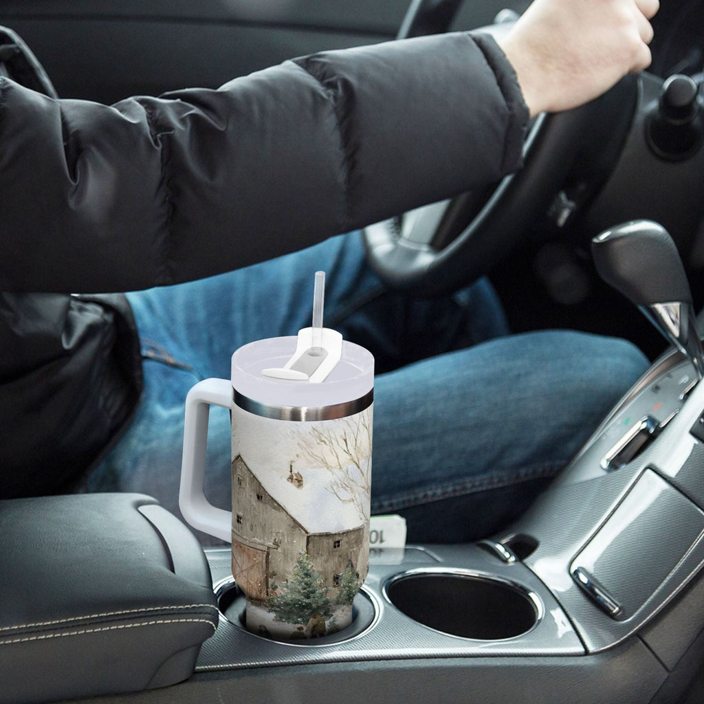 40 oz Insulated Stainless Steel Tumbler Double Wall Stainless Steel Tumbler with 2-Way Drinking Farm Snow Scene | M4ZF