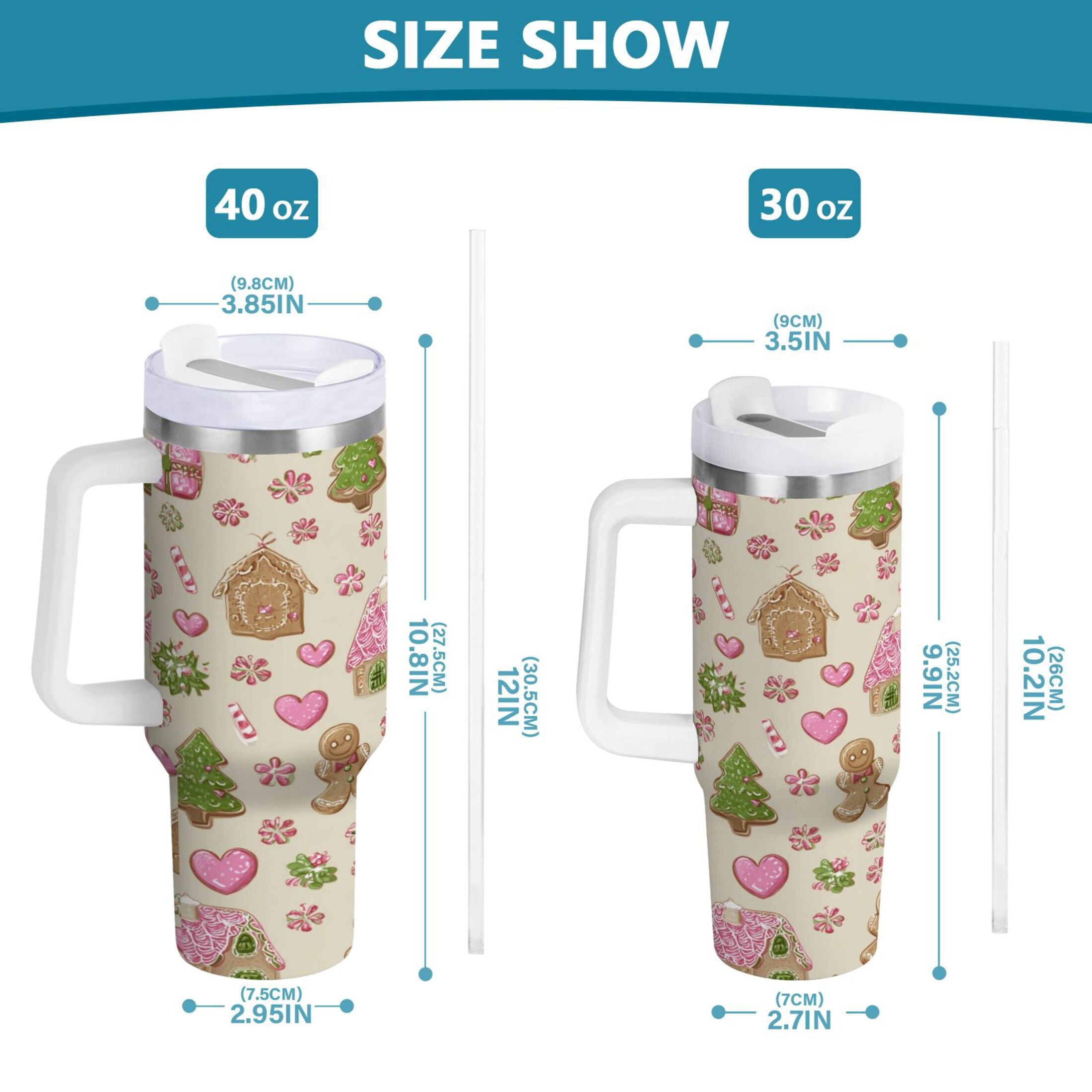 40 oz Insulated Stainless Steel Tumbler Double Wall Stainless Steel Tumbler with 2-Way Drinking Pink Cute Christmas Pattern | 61C5