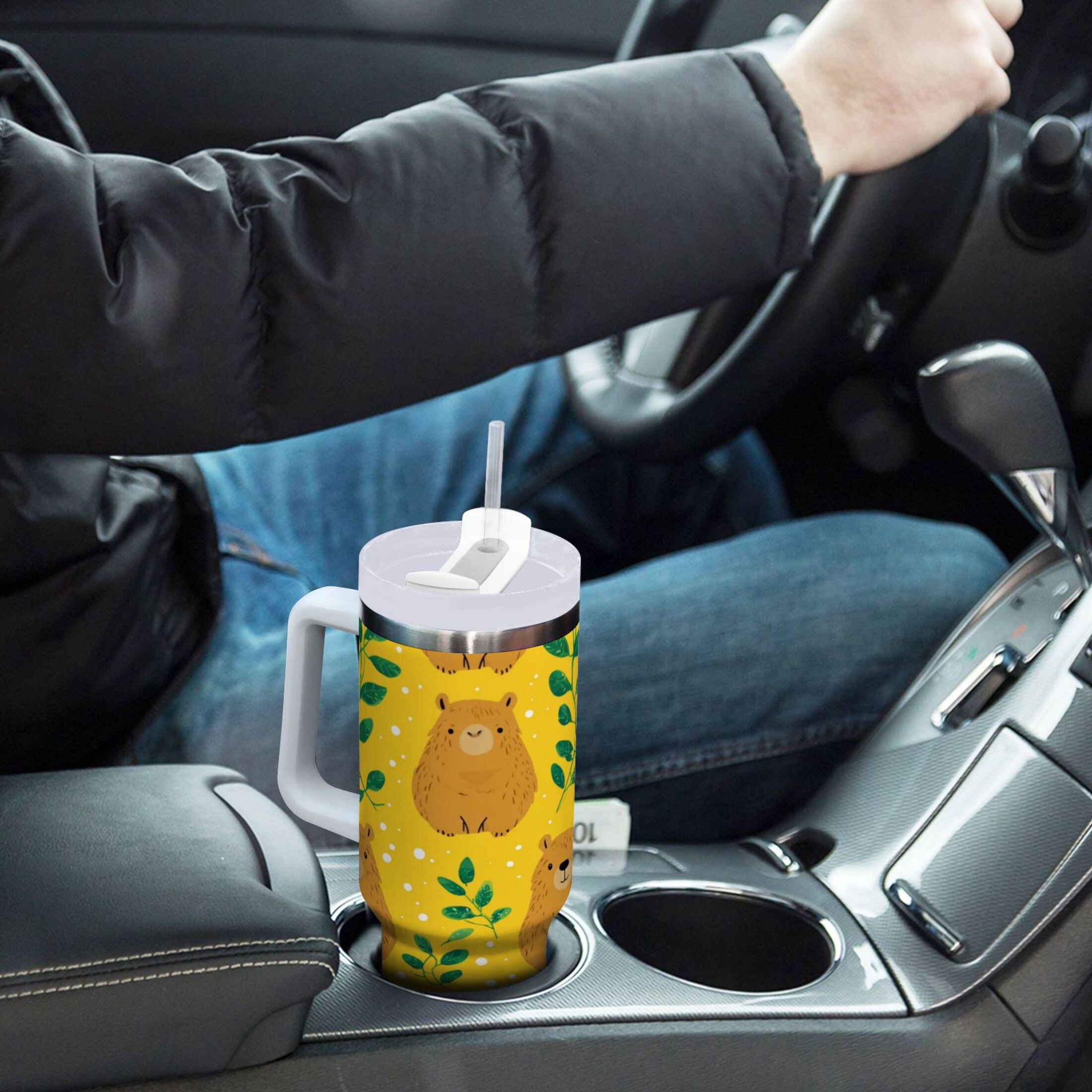 30 oz Insulated Stainless Steel Tumbler Double Wall Stainless Steel Tumbler with 2-Way Drinking Capybara and Green Leaves | T1S7