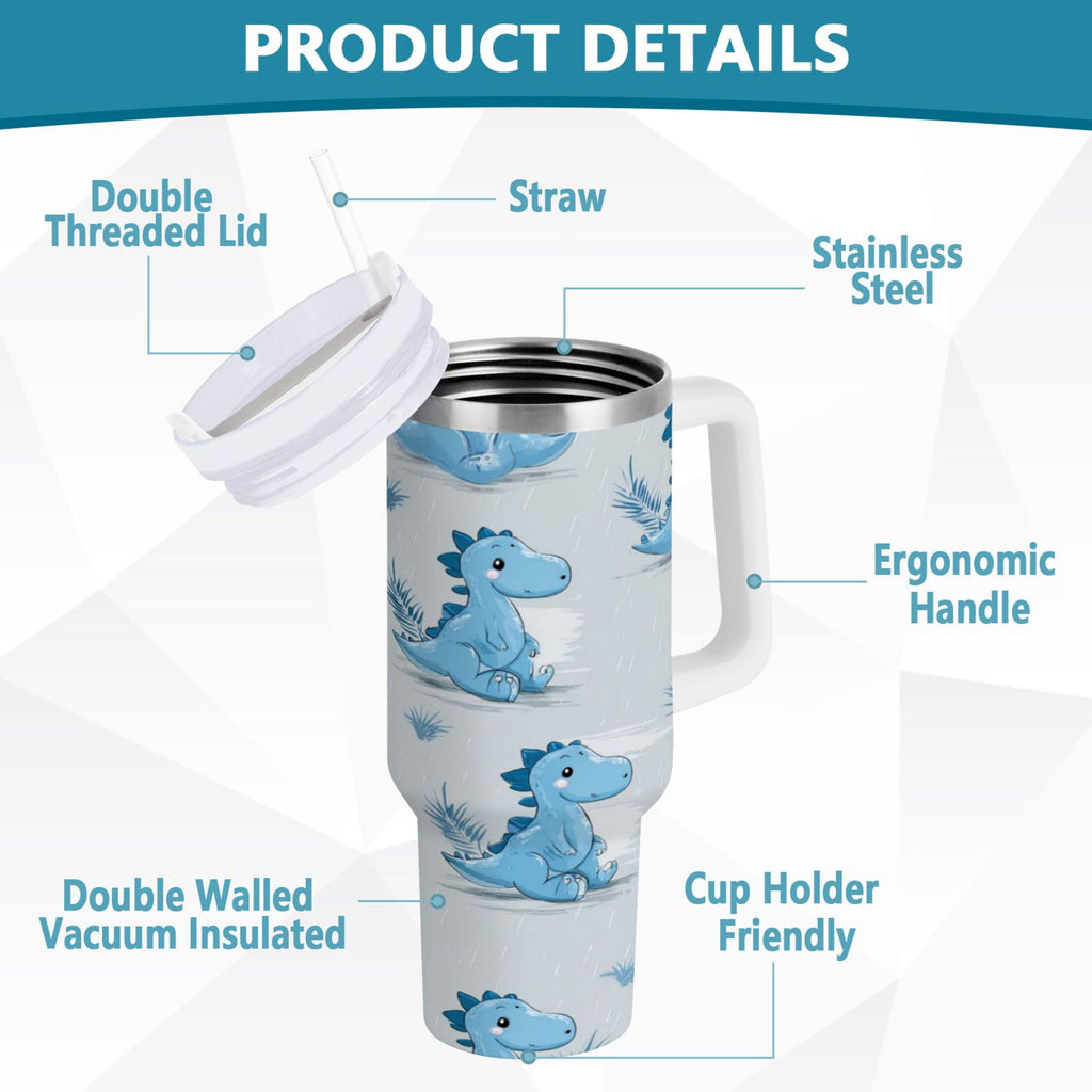 30 oz Insulated Stainless Steel Tumbler Double Wall Stainless Steel Tumbler with 2-Way Drinking Cartoon Blue Dinosaurs | LT8E