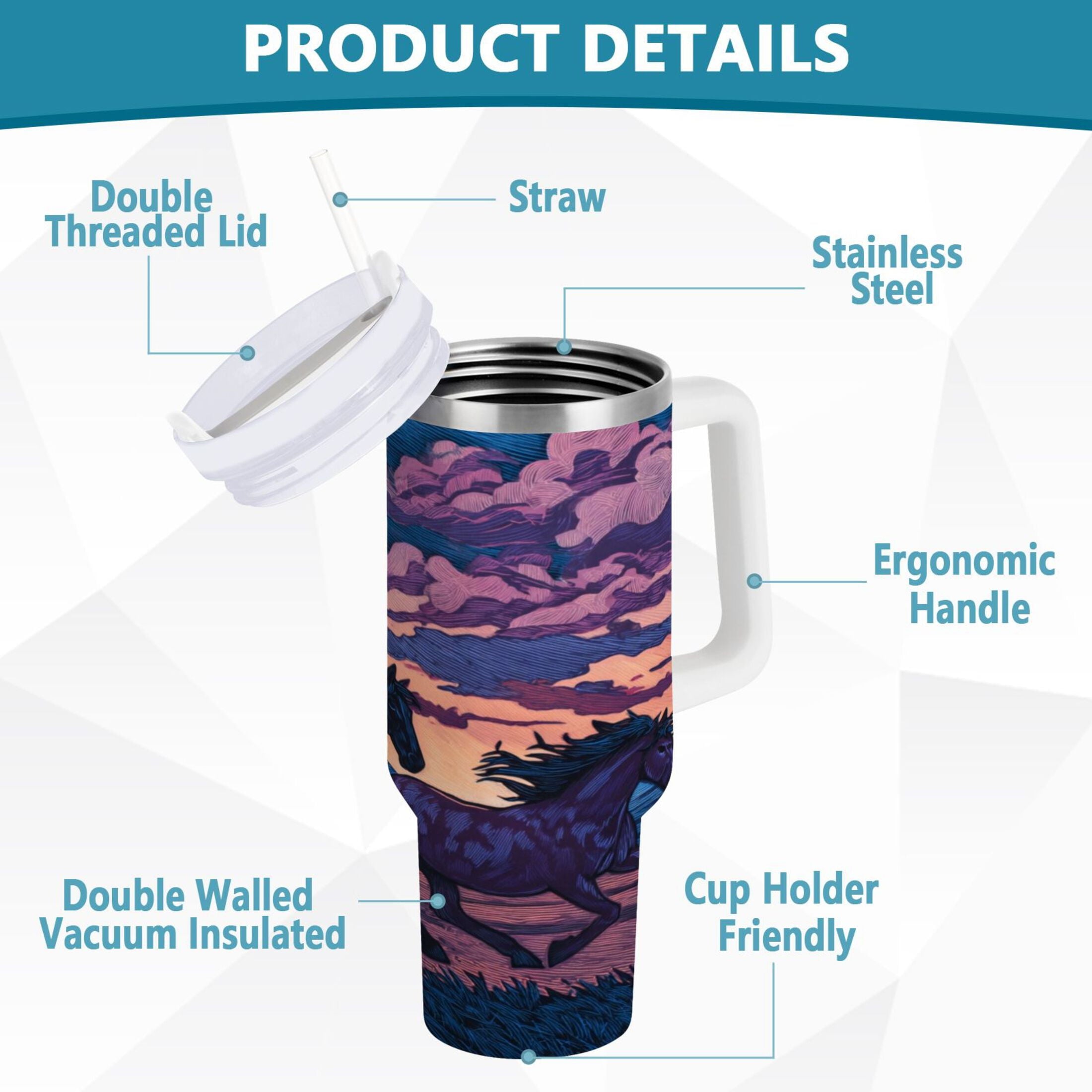40 oz Insulated Stainless Steel Tumbler Double Wall Stainless Steel Tumbler with 2-Way Drinking Wild Horses Running | O44W