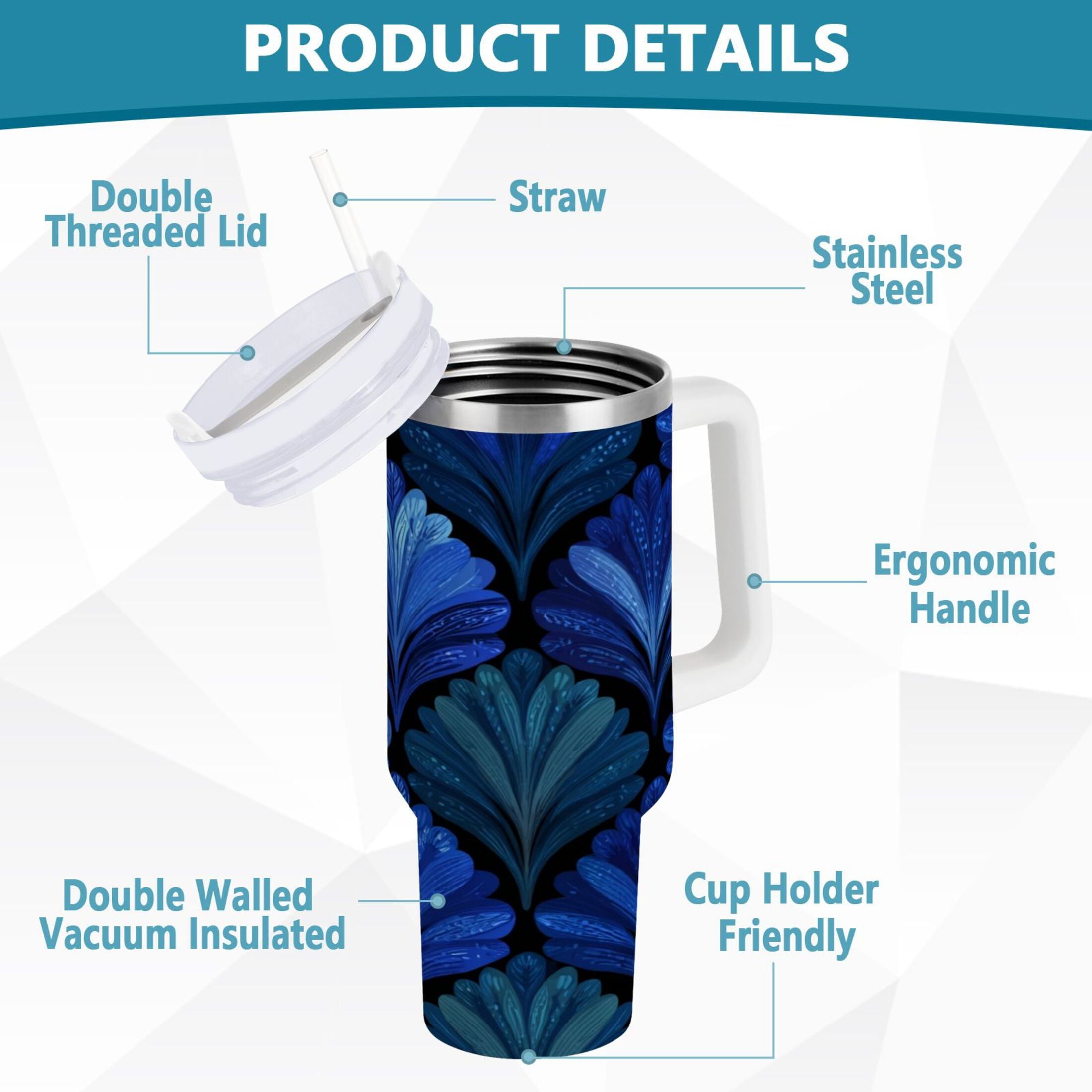 30 oz Insulated Stainless Steel Tumbler Double Wall Stainless Steel Tumbler with 2-Way Drinking Blue Batik Leaves Pattern | JMRV