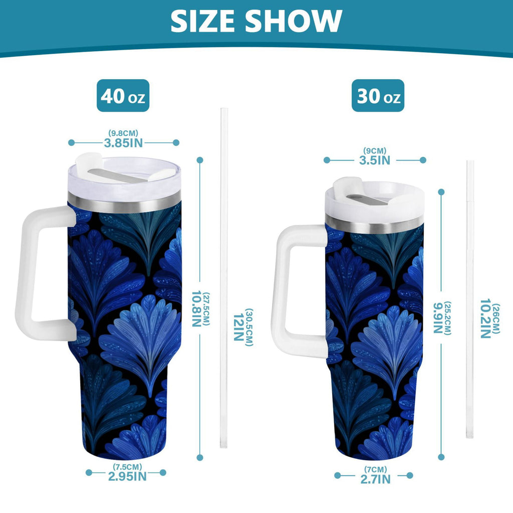 30 oz Insulated Stainless Steel Tumbler Double Wall Stainless Steel Tumbler with 2-Way Drinking Blue Batik Leaves Pattern | JMRV