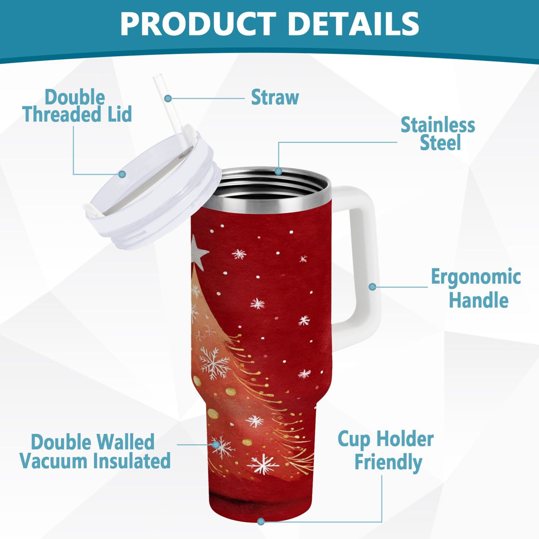 40 oz Insulated Stainless Steel Tumbler Double Wall Stainless Steel Tumbler with 2-Way Drinking Red Christmas Tree | WUT1