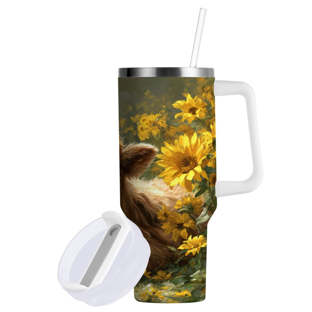 40 oz Insulated Stainless Steel Tumbler Double Wall Stainless Steel Tumbler with 2-Way Drinking Cow Lying in Sunflowers | TEJB
