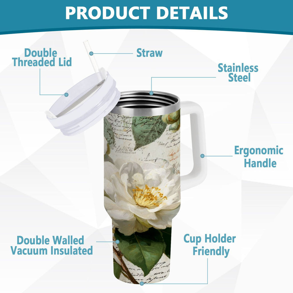 40 oz Insulated Stainless Steel Tumbler Double Wall Stainless Steel Tumbler with 2-Way Drinking Vintage White Camellias | YH44