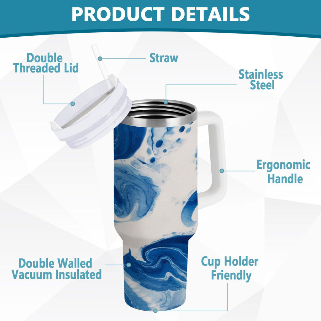 40 oz Insulated Stainless Steel Tumbler Double Wall Stainless Steel Tumbler with 2-Way Drinking Indigo Blue Tie-dye Pattern | 5HOA