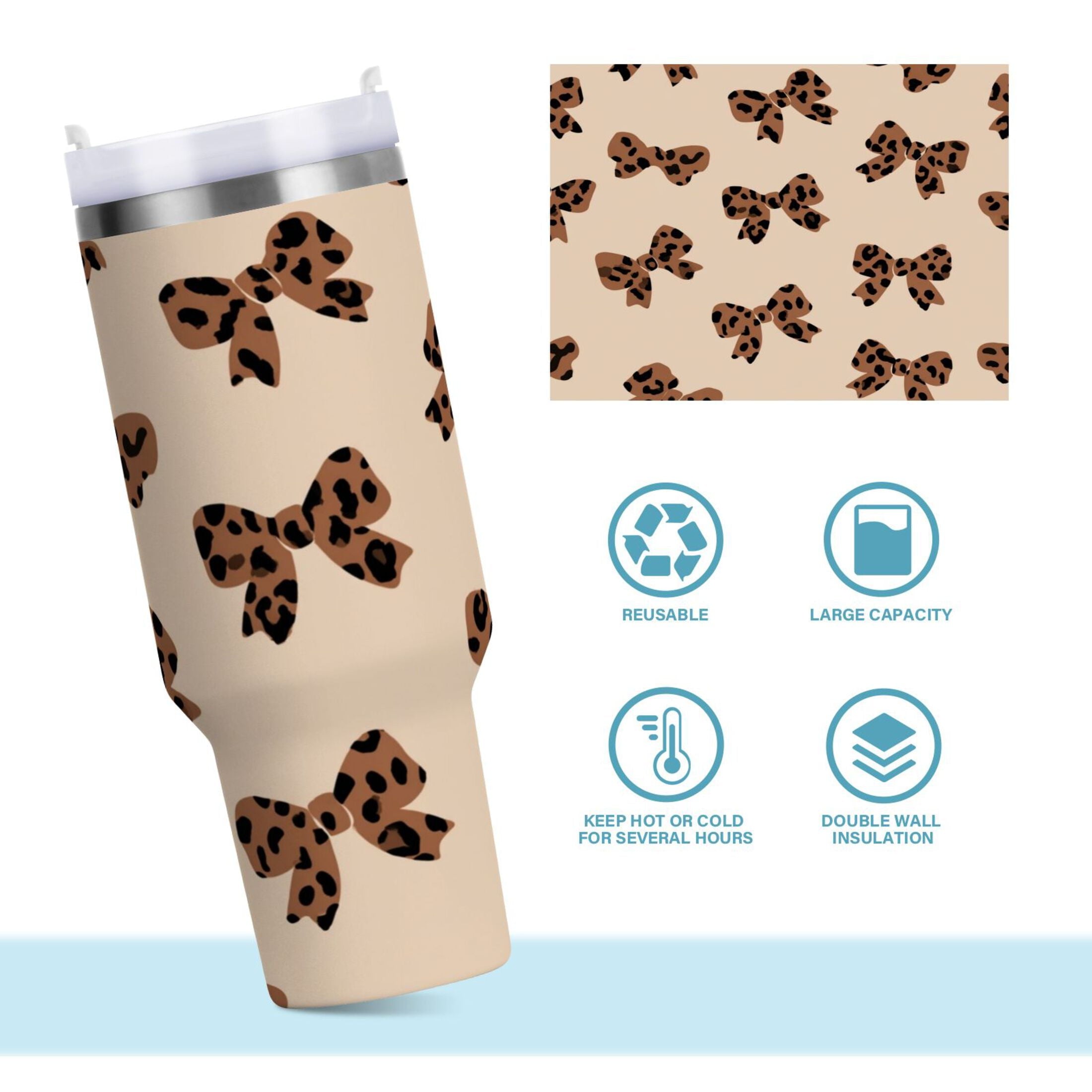 30 oz Insulated Stainless Steel Tumbler Double Wall Stainless Steel Tumbler with 2-Way Drinking Cute Brown Bow | 79NV