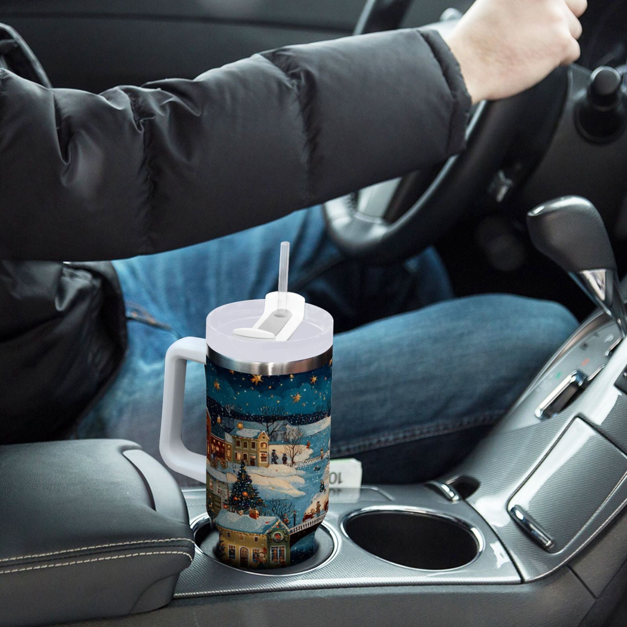 30 oz Insulated Stainless Steel Tumbler Double Wall Stainless Steel Tumbler with 2-Way Drinking Whimsical Christmas Scene | R1H0