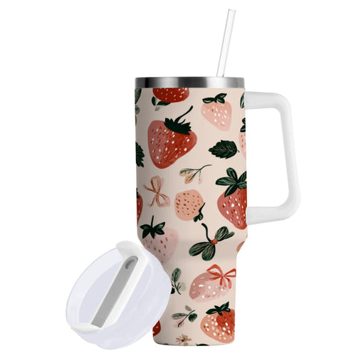 30 oz Insulated Stainless Steel Tumbler Double Wall Stainless Steel Tumbler with 2-Way Drinking Cute Pinks Strawberries | 0E2W