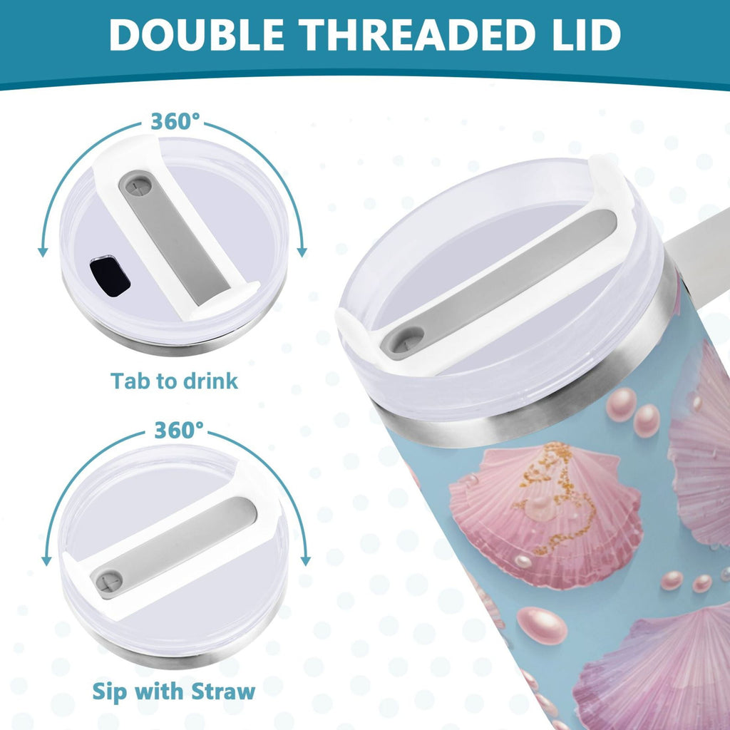 40 oz Insulated Stainless Steel Tumbler Double Wall Stainless Steel Tumbler with 2-Way Drinking Seashells and Pearls Pattern | DLKW