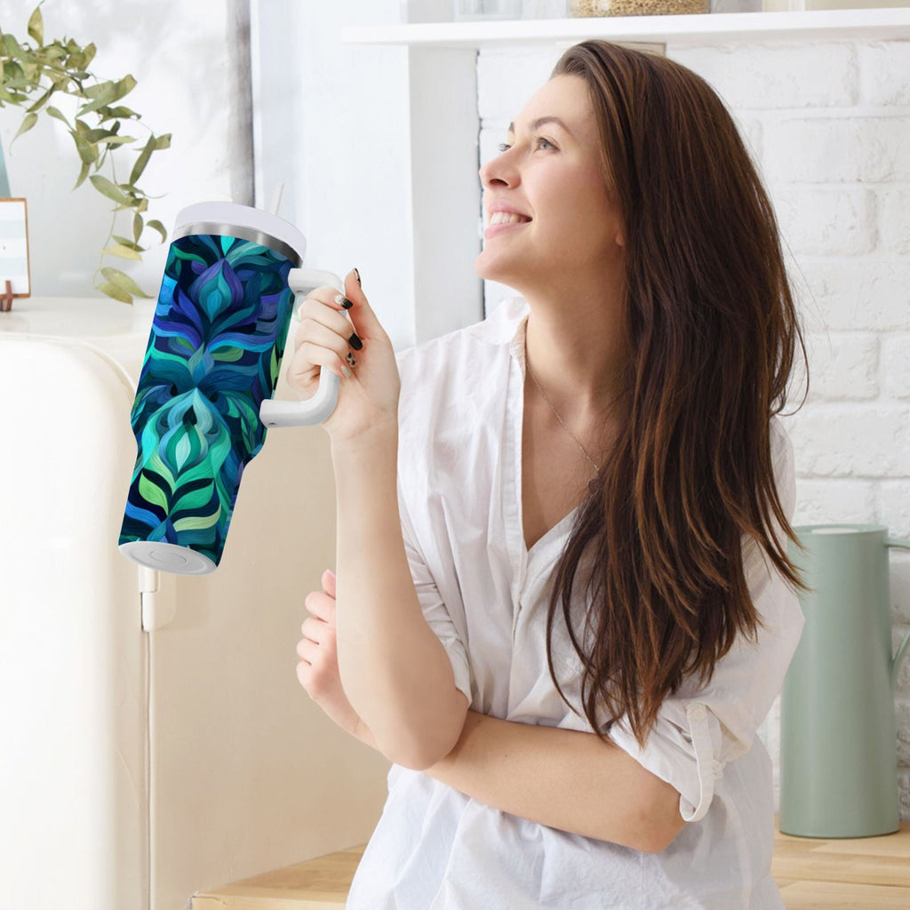 40 oz Insulated Stainless Steel Tumbler Double Wall Stainless Steel Tumbler with 2-Way Drinking Elegant Blue Abstract Shapes | LV9J