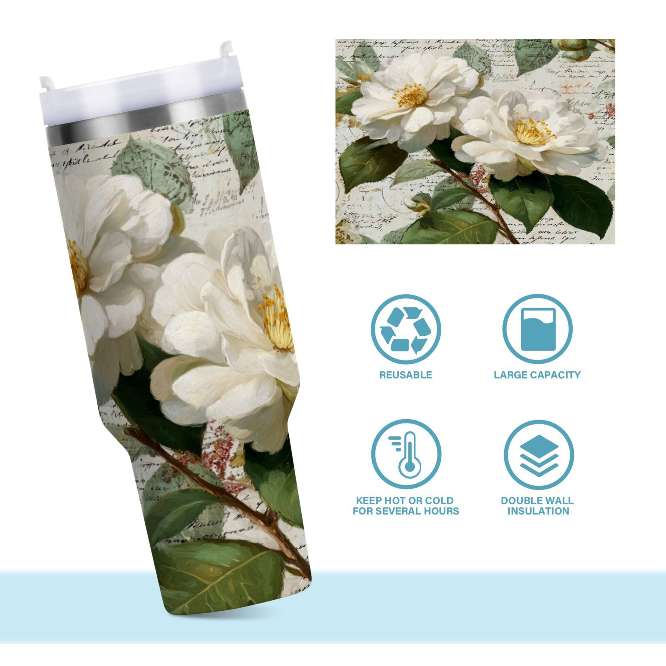 40 oz Insulated Stainless Steel Tumbler Double Wall Stainless Steel Tumbler with 2-Way Drinking Vintage White Camellias | YH44